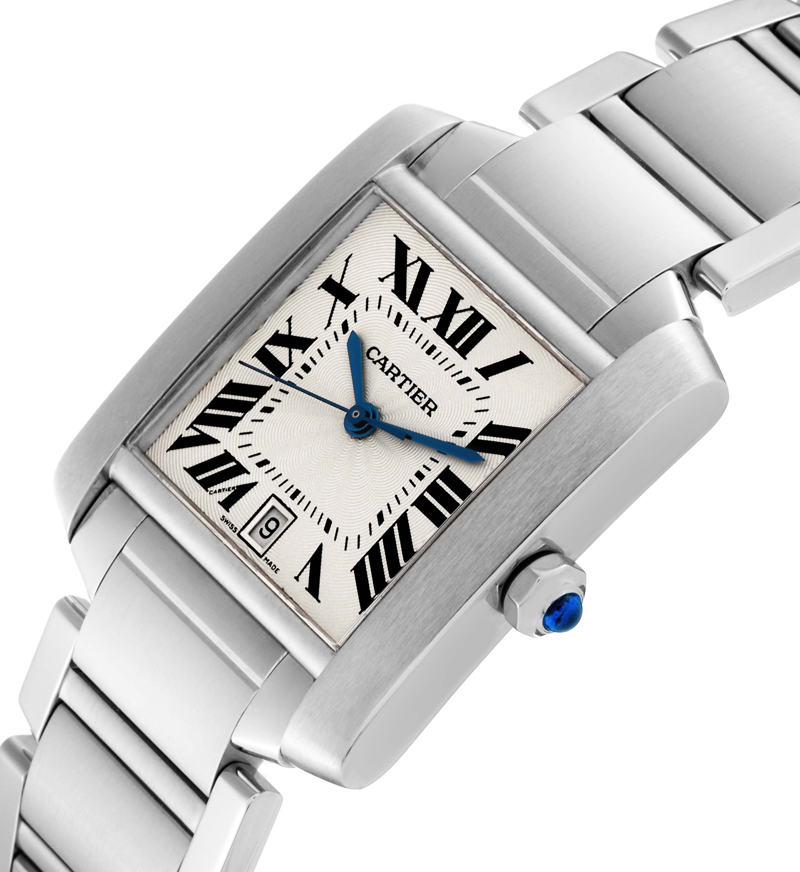 The Cartier Tank Francaise W51002Q3 Men's Stainless Steel Silver Dial W51002Q3 Men's Stainless Steel Silver Dial watch is shown at an angled close-up, highlighting the face, blue hands, and metal band.