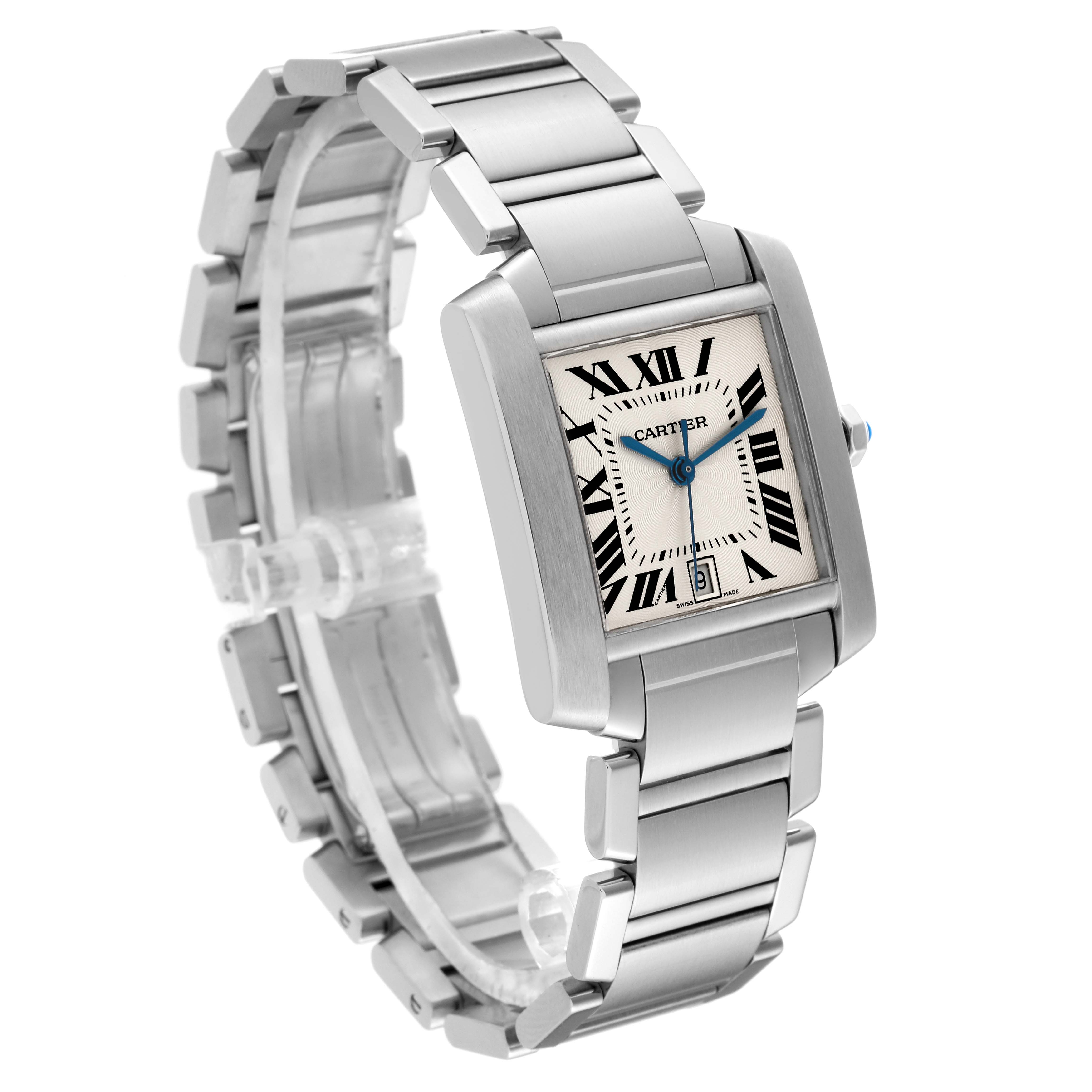The Tank Francaise by Cartier is shown from a front angled view, highlighting its stainless steel bracelet and rectangular dial.