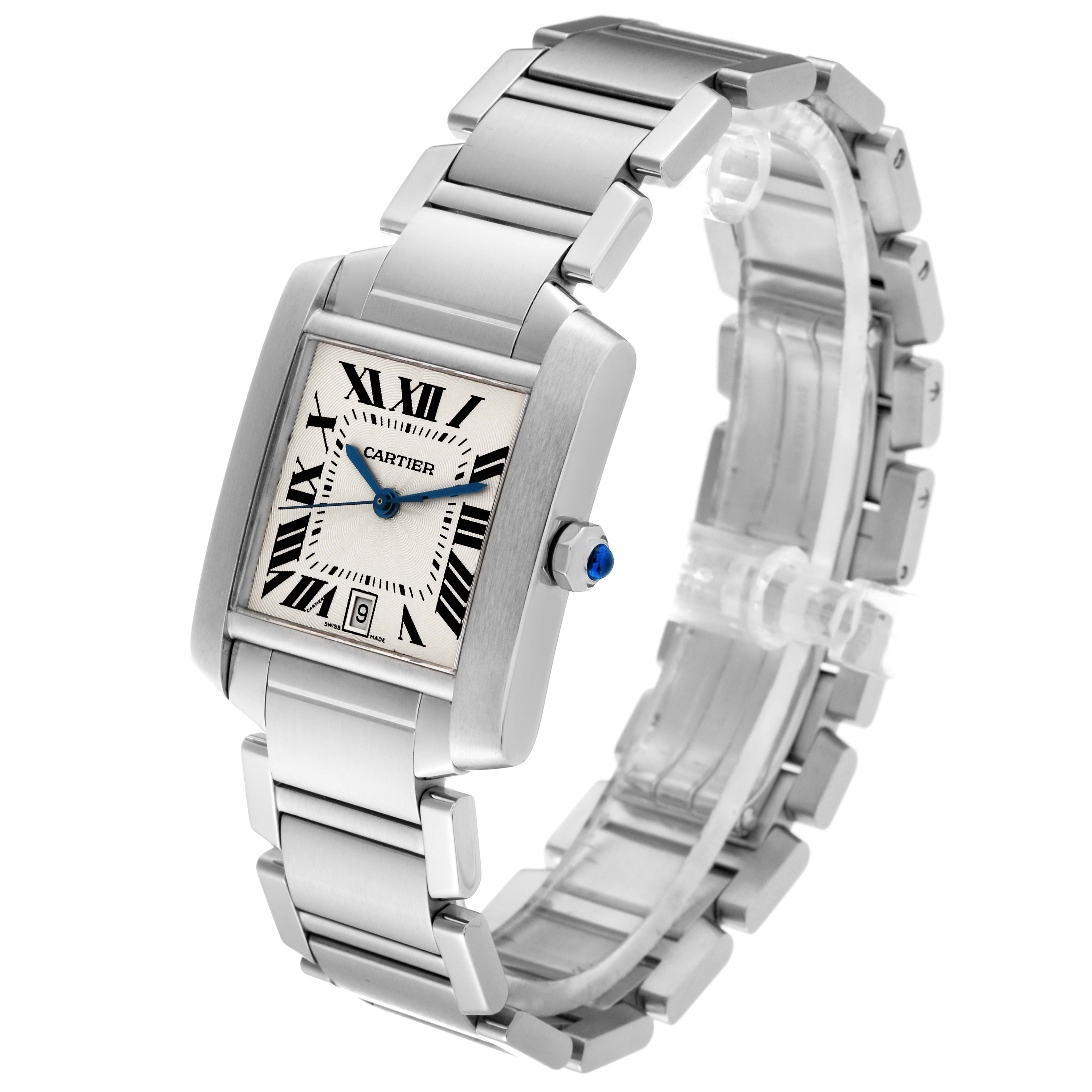 The image shows a Cartier Tank Francaise W51002Q3 Men's Stainless Steel Silver Dial W51002Q3 Men's Stainless Steel Silver Dial watch angled to display the face, bracelet, and side crown.