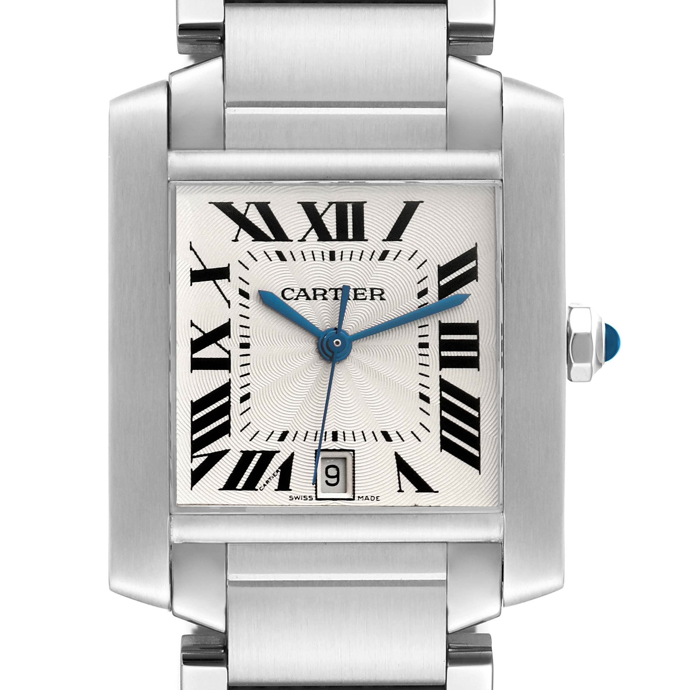 The image shows a close-up, frontal view of the Cartier Tank Francaise W51002Q3 Men's Stainless Steel Silver Dial W51002Q3 Men's Stainless Steel Silver Dial watch, highlighting the face, Roman numerals, and metal bracelet.