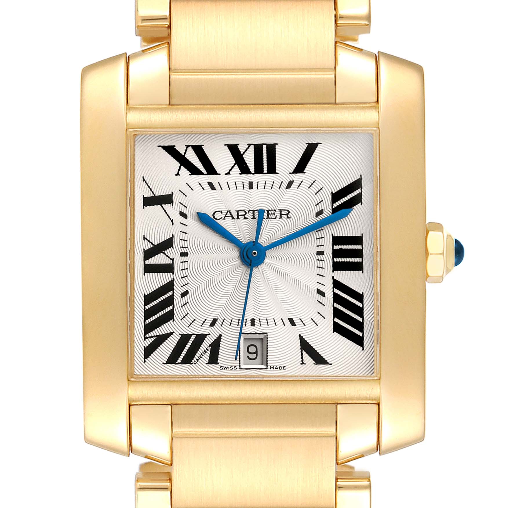 The image shows a close-up of the Cartier Tank Francaise W50001R2 Men
s Yellow Gold Silver Dial W50001R2 Men
s Yellow Gold Silver Dial watch, featuring its face, Roman numeral dial, and part of the bracelet.
