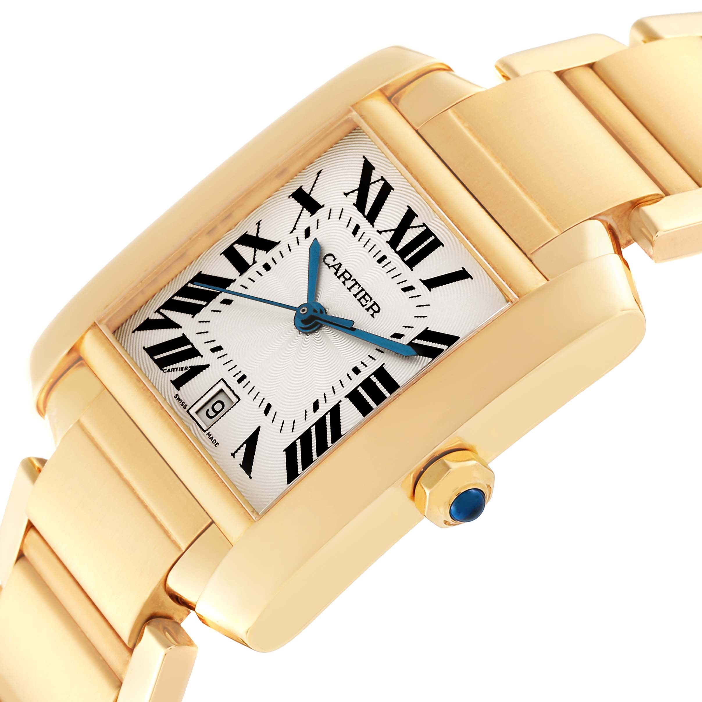 The image features a close-up angled view of the Cartier Tank Francaise W50001R2 Men
s Yellow Gold Silver Dial W50001R2 Men
s Yellow Gold Silver Dial watch, showcasing its rectangular face, bracelet, and crown.