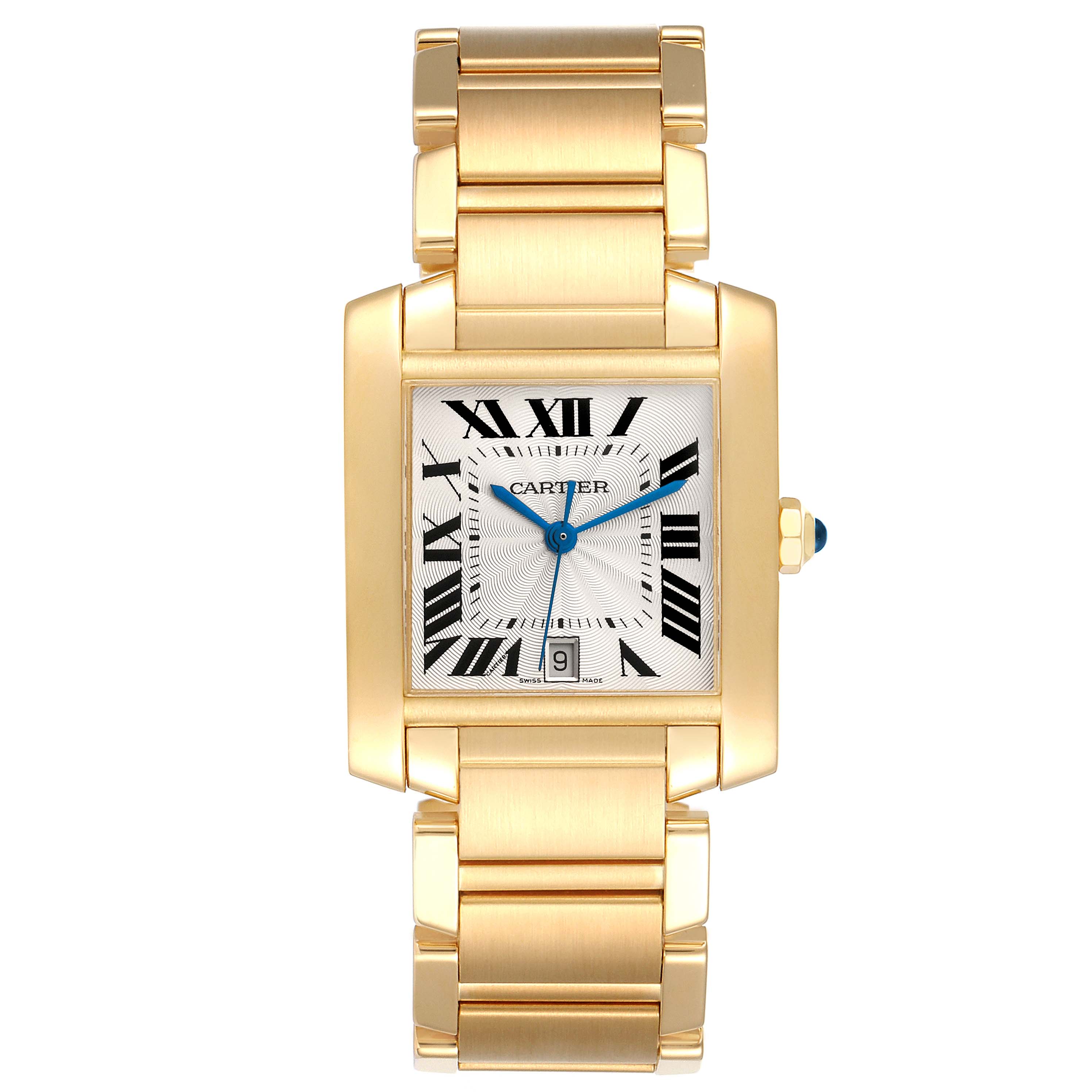 The image shows a front view of a Cartier Tank Francaise W50001R2 Men
s Yellow Gold Silver Dial W50001R2 Men
s Yellow Gold Silver Dial watch, highlighting its gold bracelet and rectangular face.