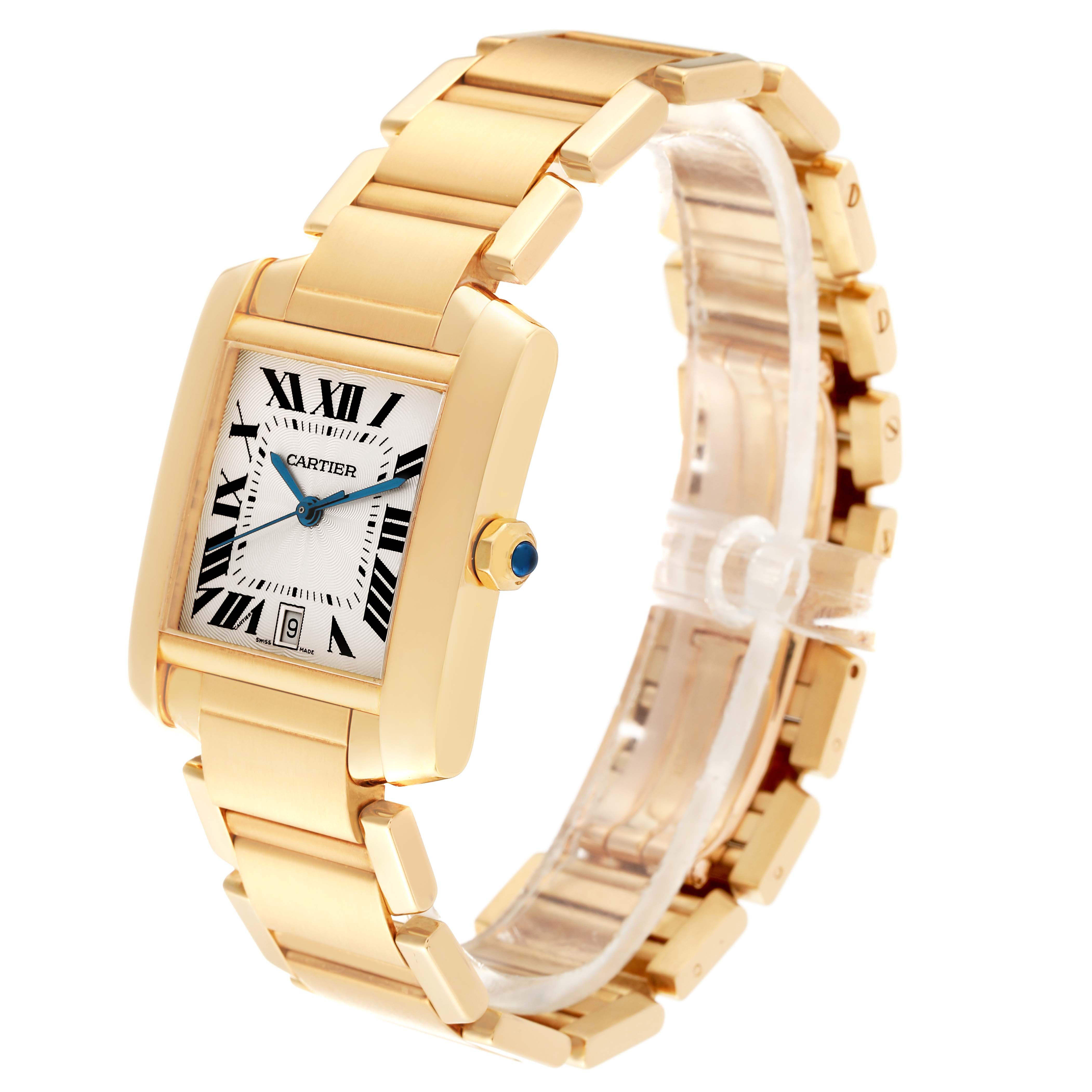 The image shows a Cartier Tank Francaise W50001R2 Men
s Yellow Gold Silver Dial W50001R2 Men
s Yellow Gold Silver Dial watch angled to display its face, bracelet, and crown.