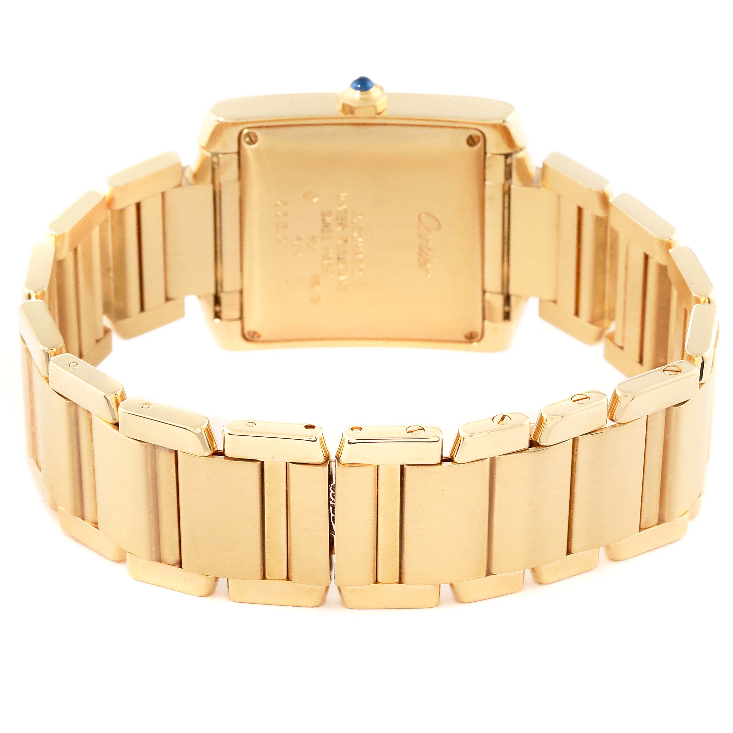 The image shows the back case and bracelet of the Cartier Tank Francaise W50001R2 Men
s Yellow Gold Silver Dial W50001R2 Men
s Yellow Gold Silver Dial watch with a gold finish.