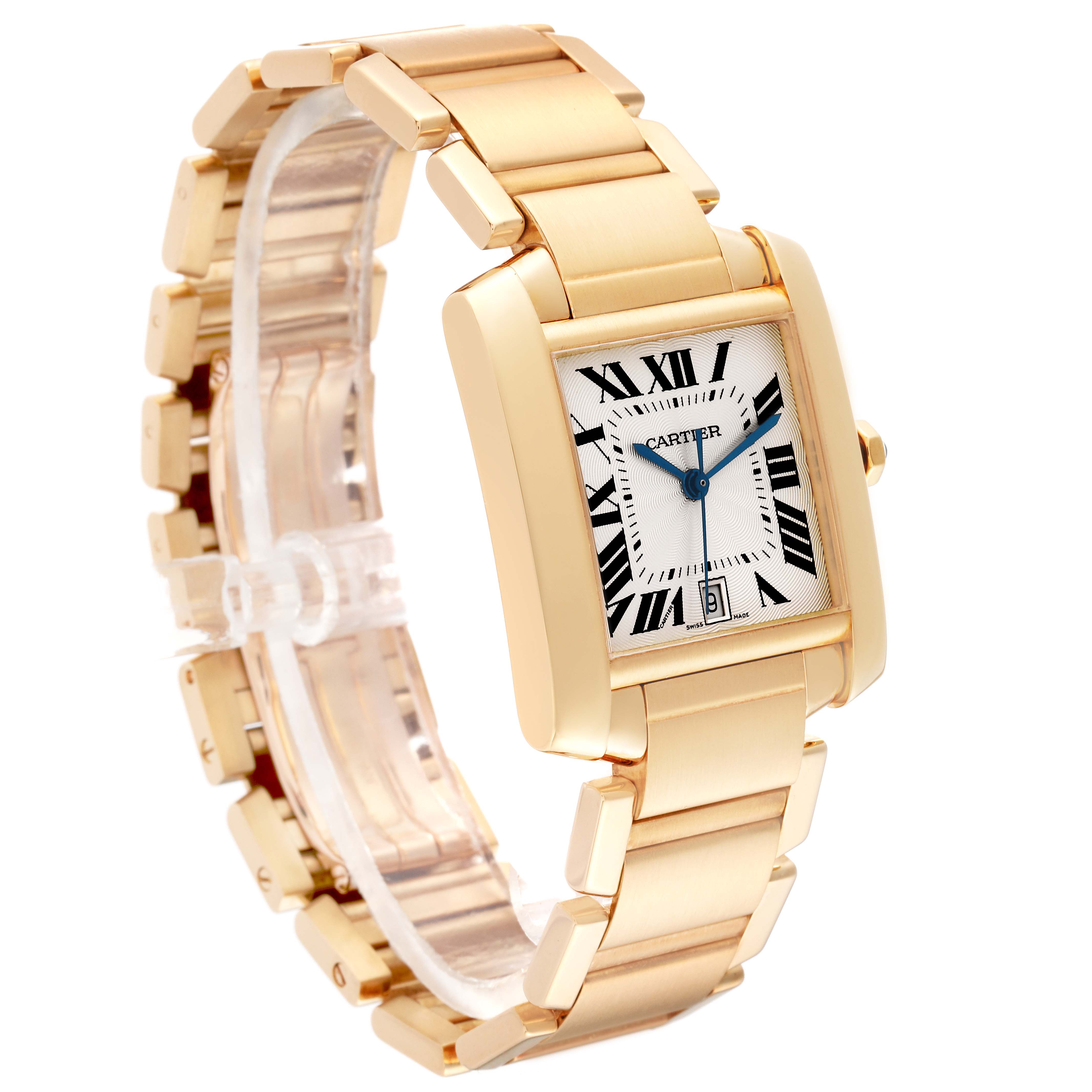 The image shows a gold Cartier Tank Francaise W50001R2 Men
s Yellow Gold Silver Dial W50001R2 Men
s Yellow Gold Silver Dial watch at a three-quarter angle, highlighting its rectangular dial and bracelet.