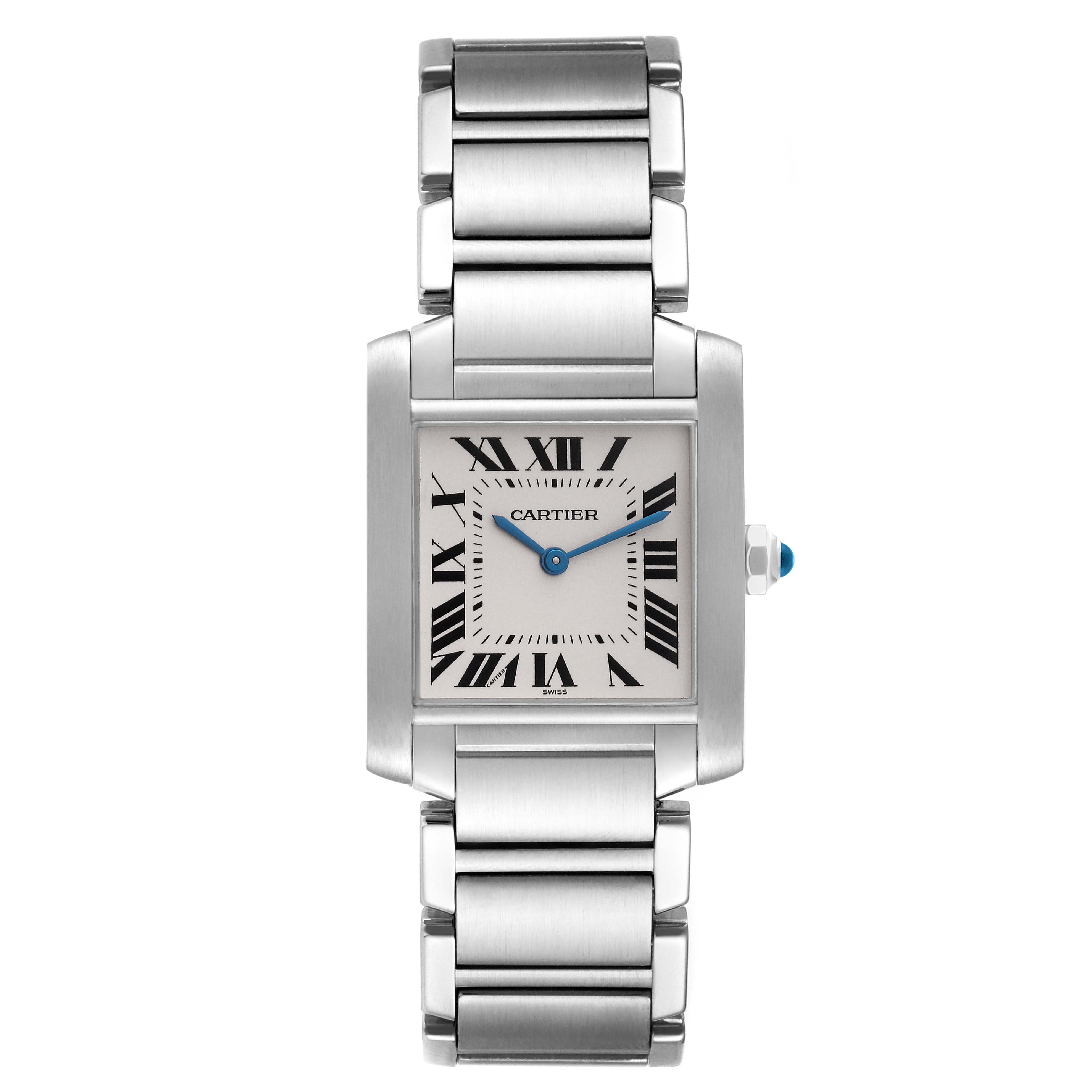 This is a frontal view of the Cartier Tank Française watch, showing the face, blue hands, Roman numerals, and metal bracelet.