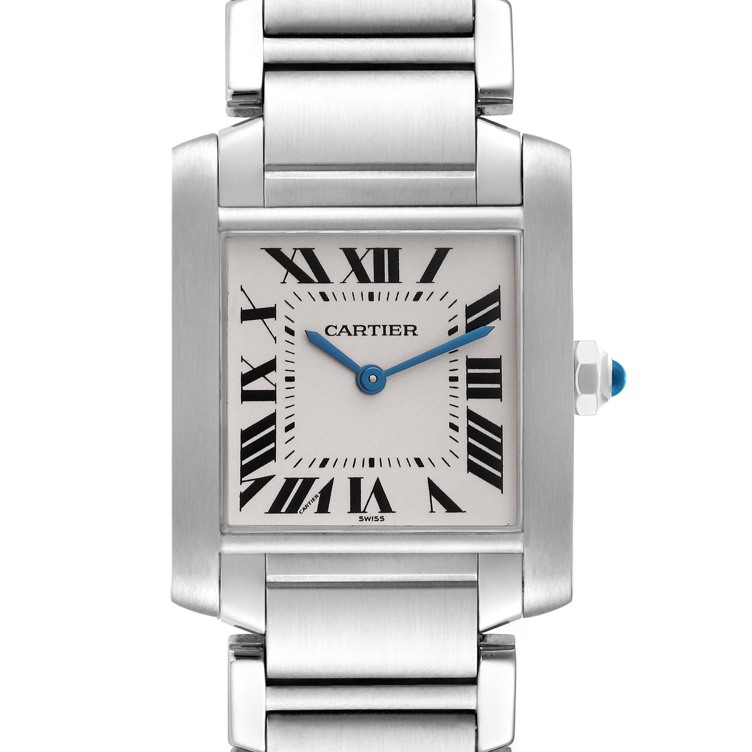 The Tank Francaise by Cartier is shown from a top-down angle, displaying the face, roman numerals, and partial bracelet.