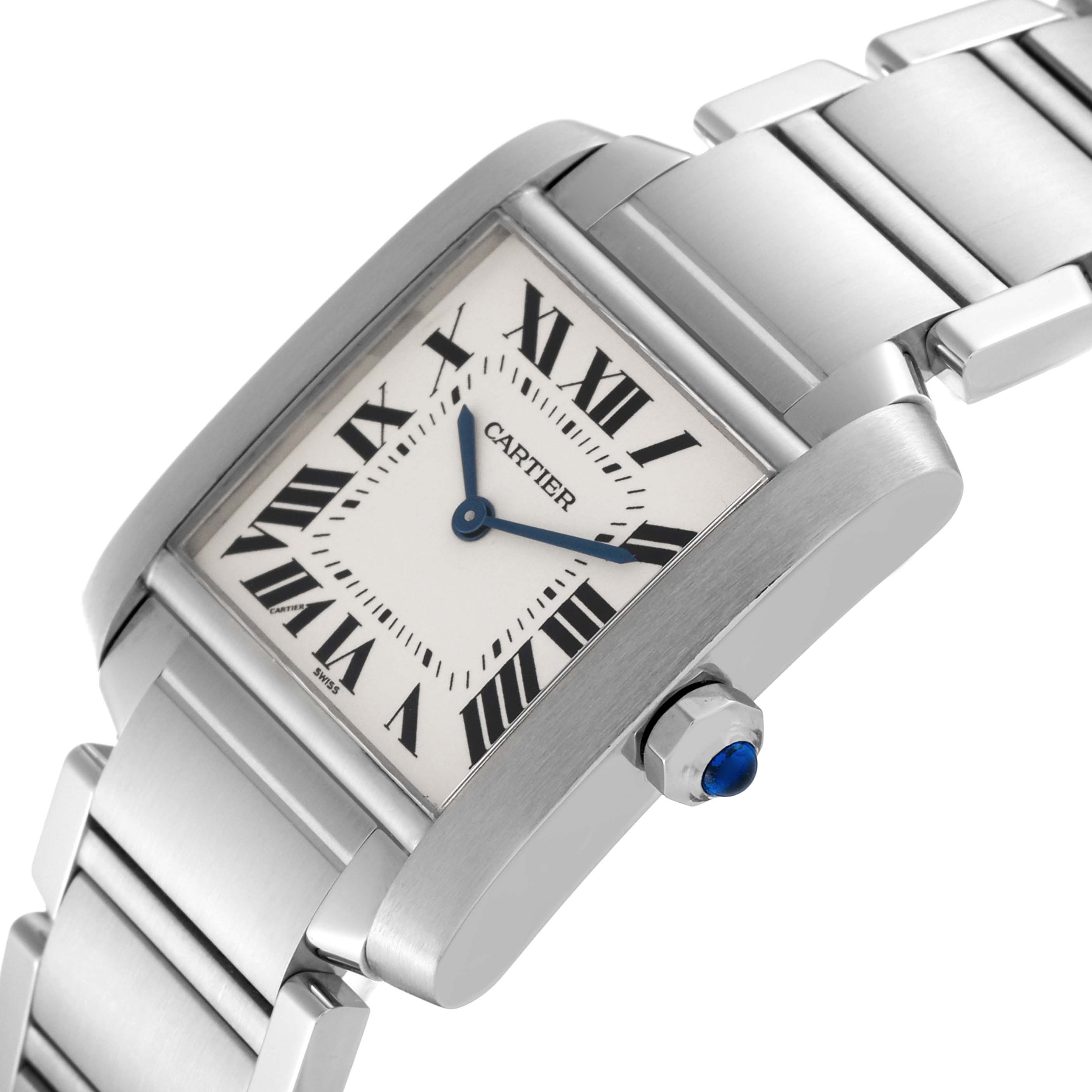 The image shows a side angle of the Cartier Tank Francaise W51003Q3 Women
s Stainless Steel Silver Dial W51003Q3 Women
s Stainless Steel Silver Dial watch, highlighting its face, crown, and metal bracelet.