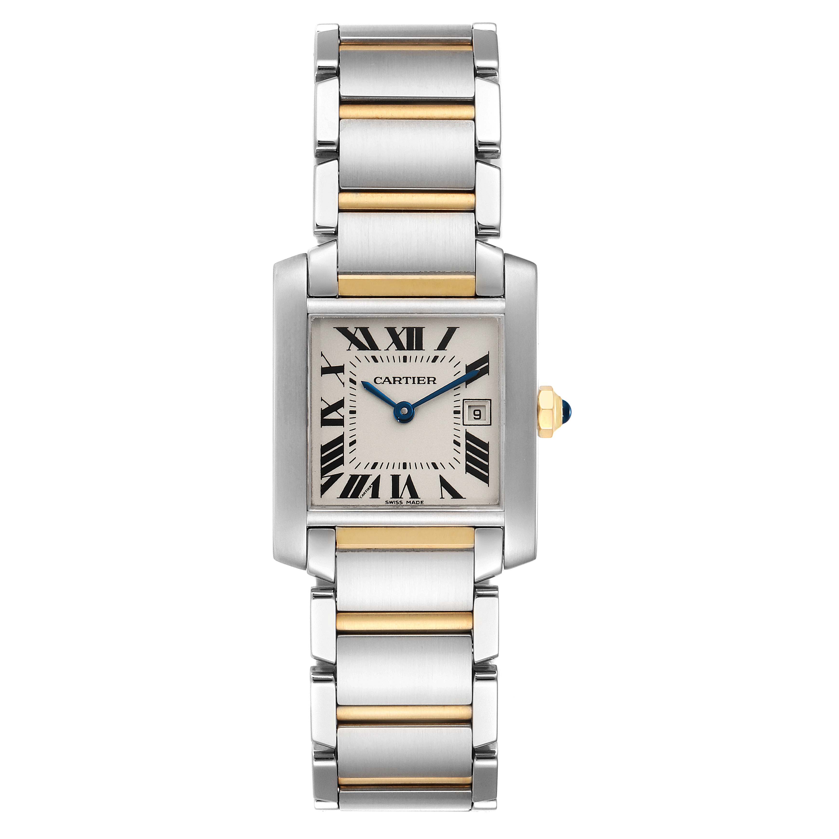 The image shows a front view of the Cartier Tank Francaise W51012Q4 Women's Steel and Gold (two tone) Silver Dial W51012Q4 Women's Steel and Gold (two tone) Silver Dial watch with a silver and gold bracelet, roman numerals, and a date display.
