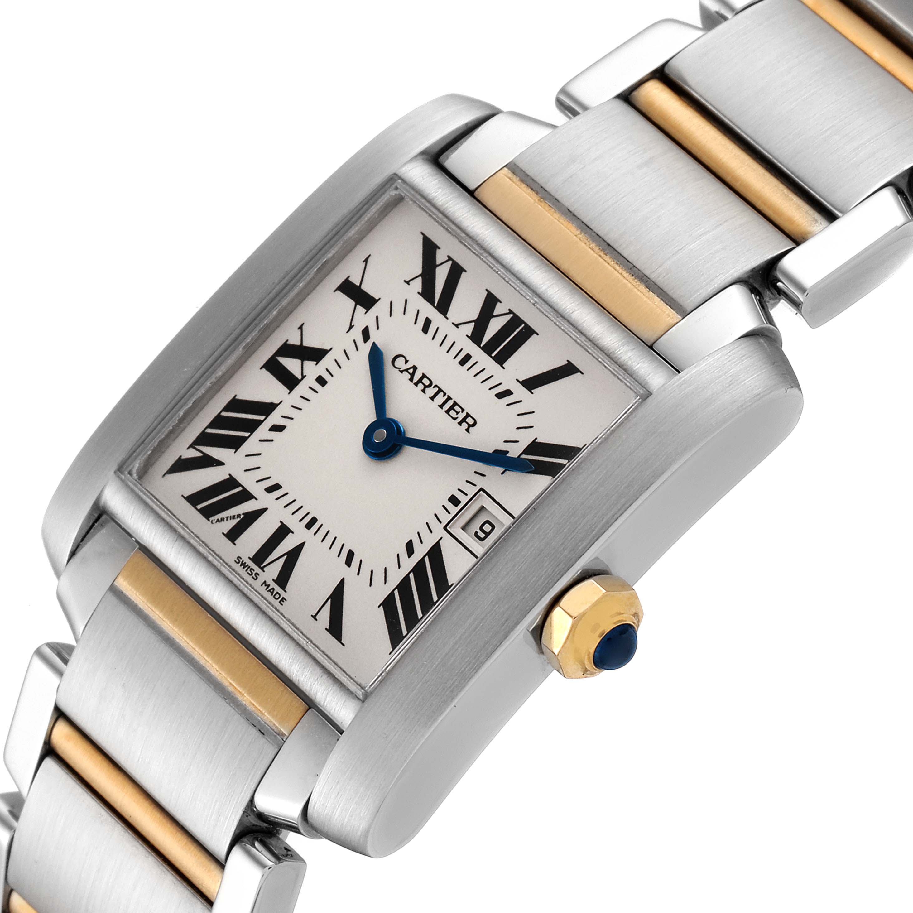 This image shows a close-up view of the Cartier Tank Francaise W51012Q4 Women's Steel and Gold (two tone) Silver Dial W51012Q4 Women's Steel and Gold (two tone) Silver Dial watch, highlighting the face, crown, and part of the bracelet.