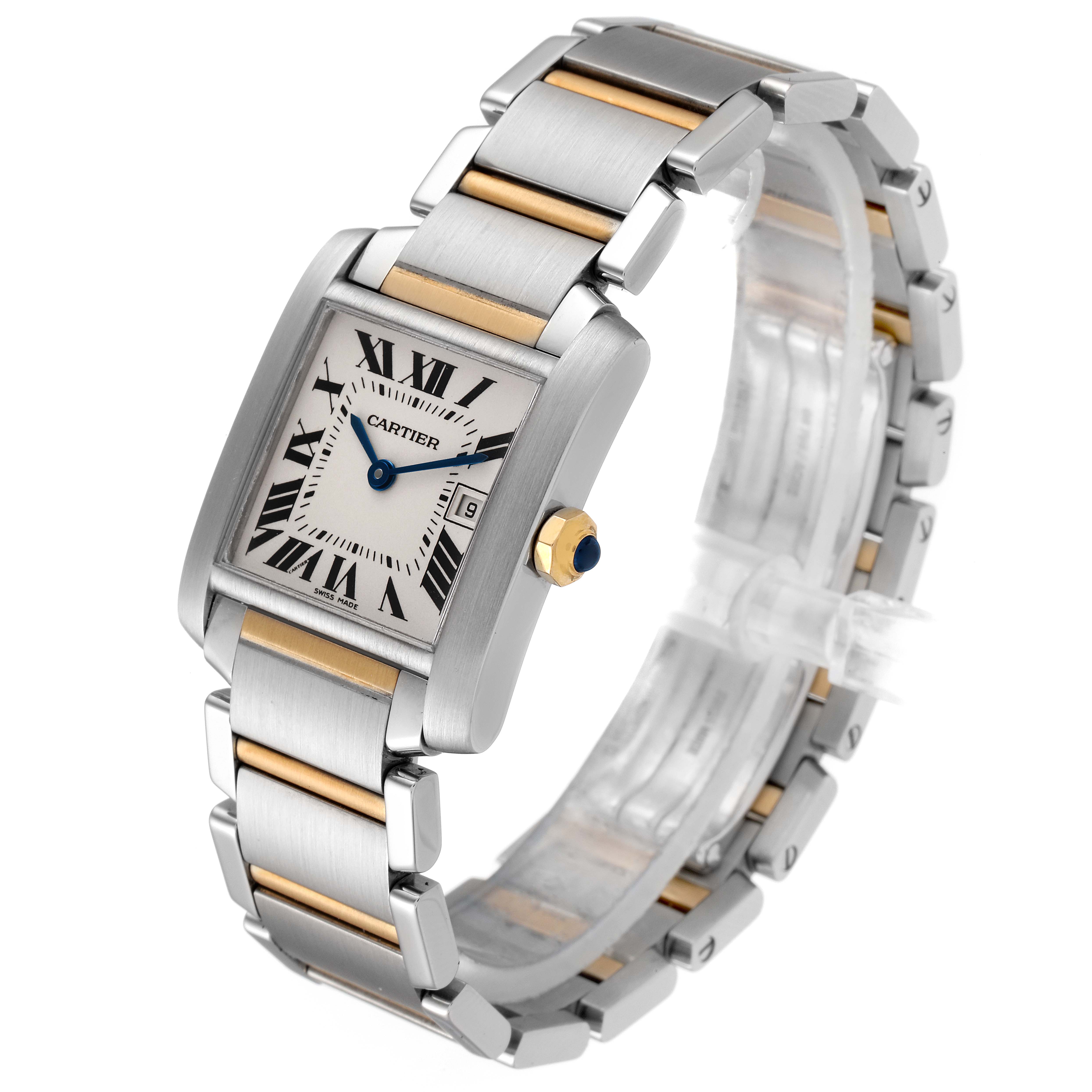 This image shows a Cartier Tank Francaise W51012Q4 Women's Steel and Gold (two tone) Silver Dial W51012Q4 Women's Steel and Gold (two tone) Silver Dial watch at a three-quarter angle, highlighting the face, crown, and two-tone bracelet.