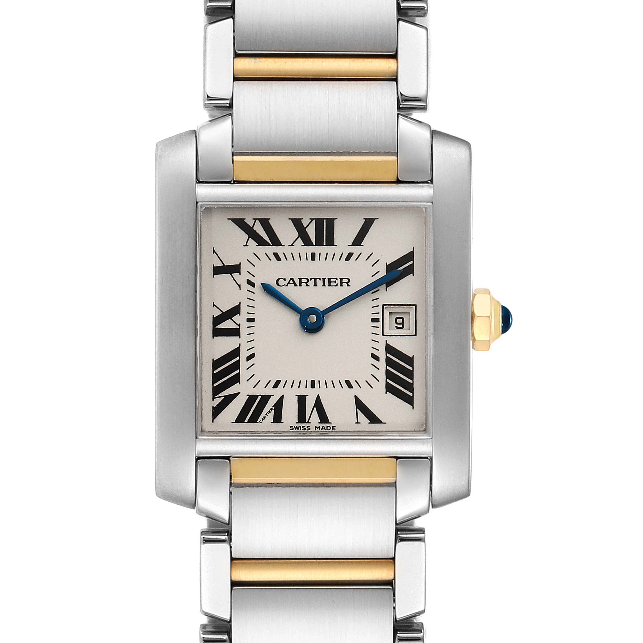 This image shows a front view of the Cartier Tank Française watch, highlighting its square face, Roman numeral markers, and metal bracelet.