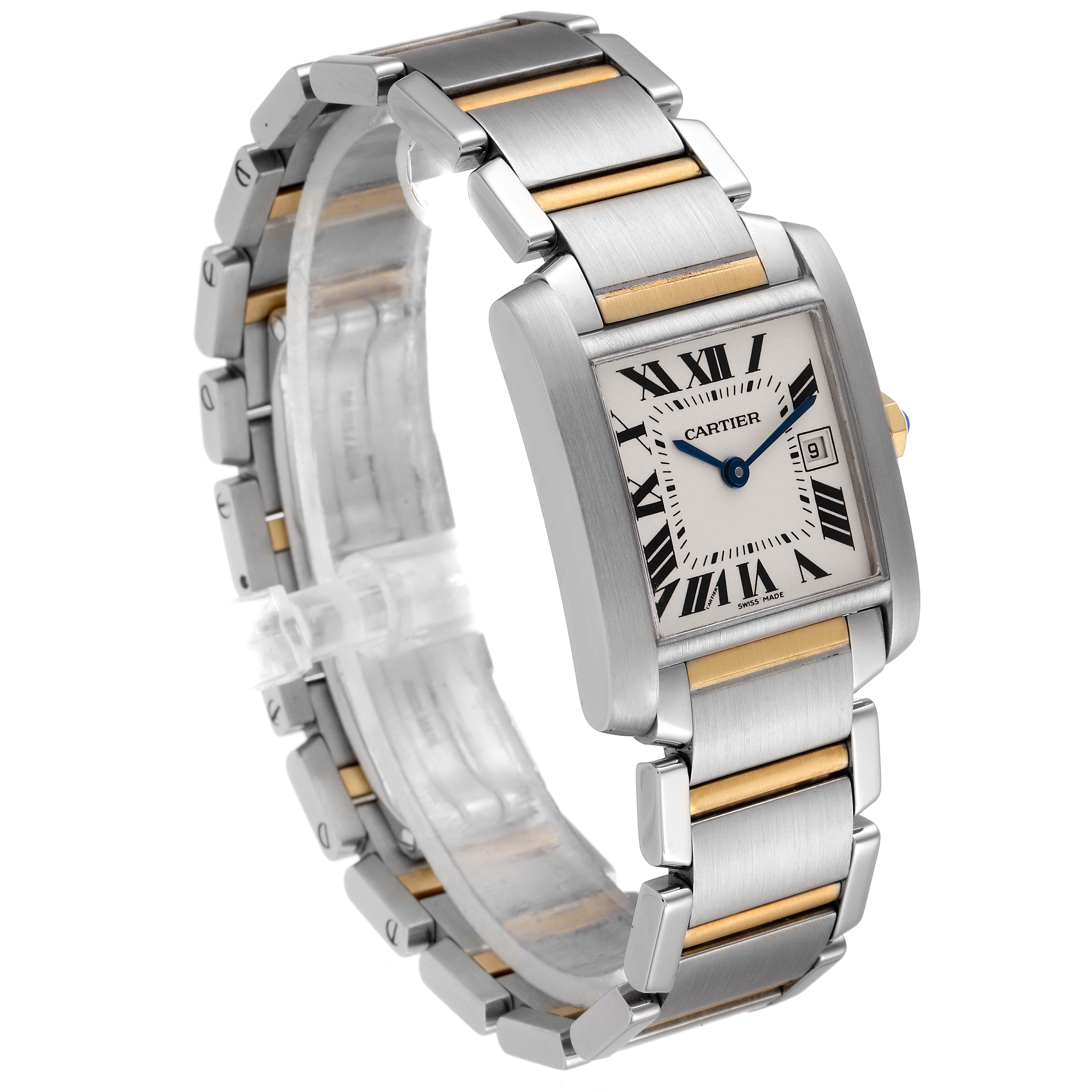 The image shows a side angle of the Cartier Tank Francaise W51012Q4 Women's Steel and Gold (two tone) Silver Dial W51012Q4 Women's Steel and Gold (two tone) Silver Dial watch, displaying its bracelet, case, and dial.