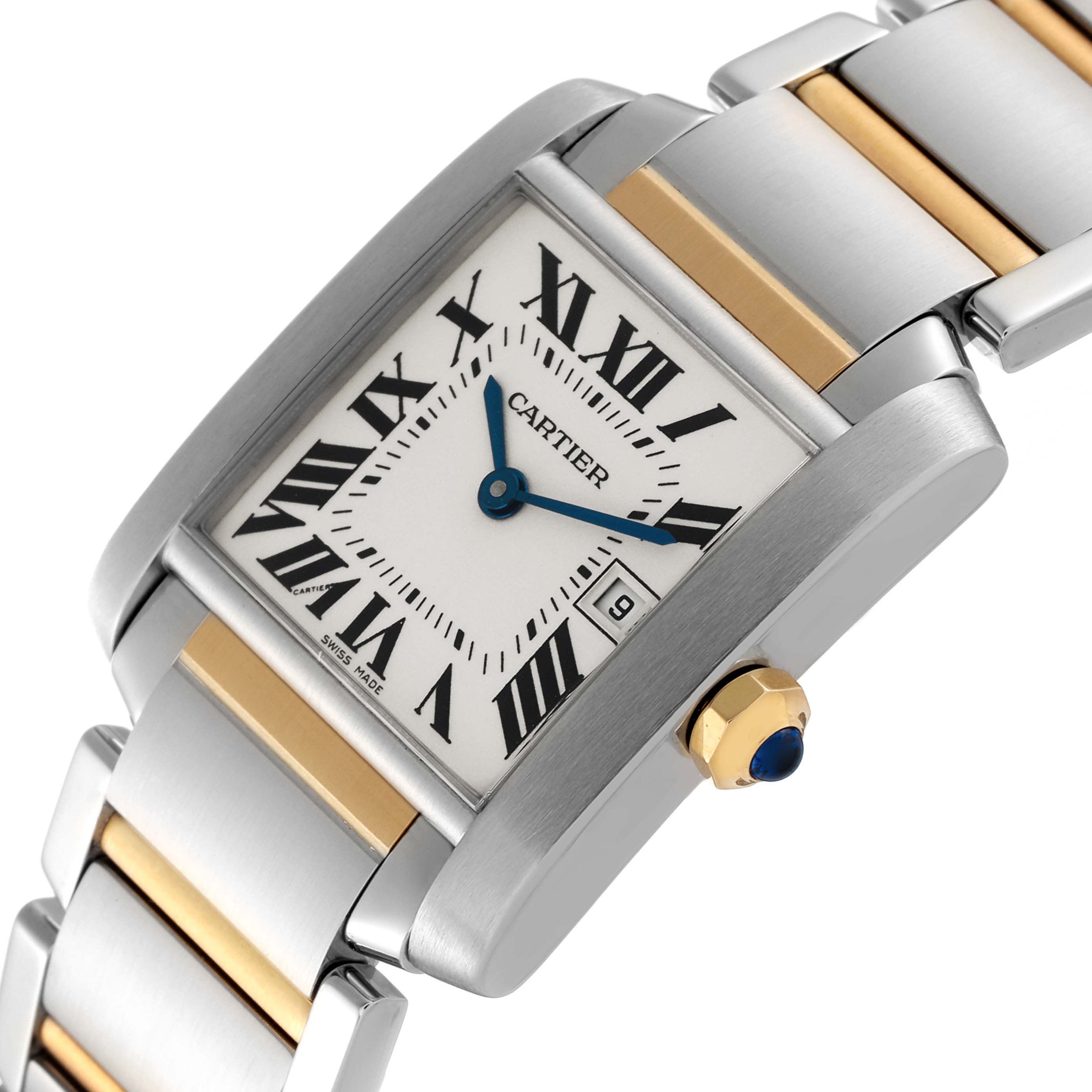 This image shows a close-up, angled view of a Cartier Tank Francaise W51012Q4 Women's Steel and Gold (two tone) Silver Dial W51012Q4 Women's Steel and Gold (two tone) Silver Dial watch, highlighting the face, bezel, crown, and part of the bracelet.