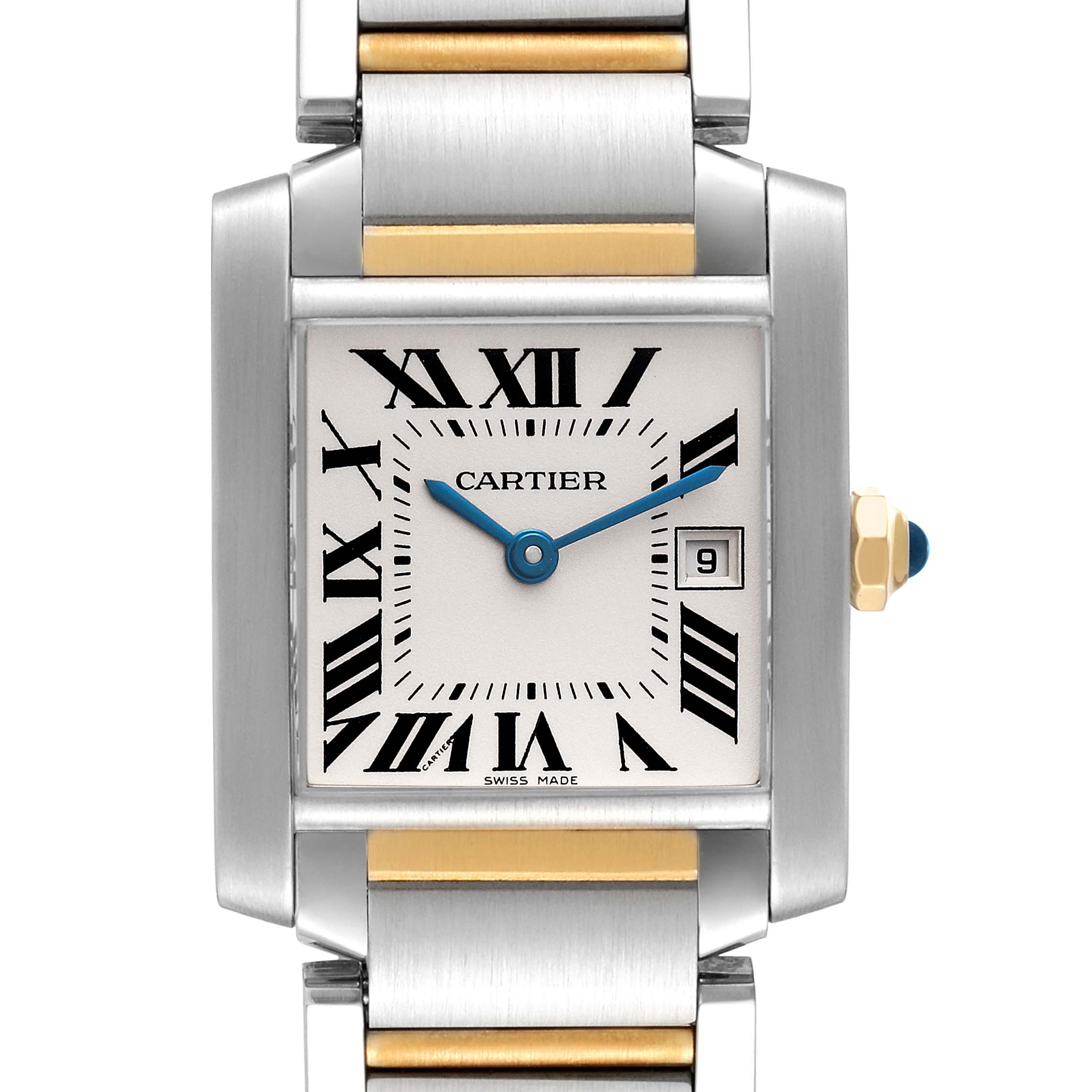 This image shows a close-up of the Cartier Tank Francaise W51012Q4 Women's Steel and Gold (two tone) Silver Dial W51012Q4 Women's Steel and Gold (two tone) Silver Dial watch, highlighting the dial, hands, and part of the metal bracelet.