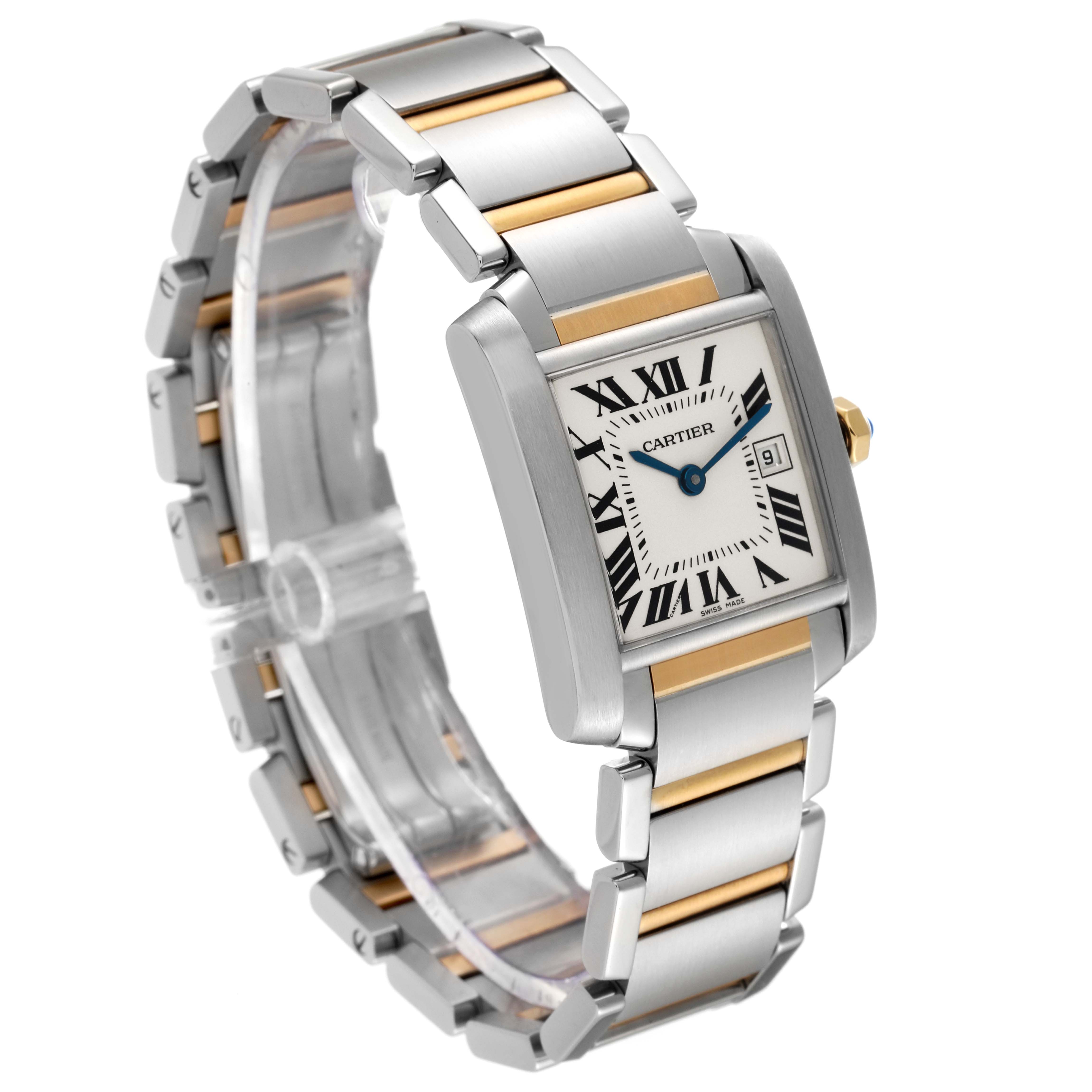 The image shows a Cartier Tank Francaise W51012Q4 Women's Steel and Gold (two tone) Silver Dial W51012Q4 Women's Steel and Gold (two tone) Silver Dial watch at an angle highlighting the bracelet, side profile, and watch face.