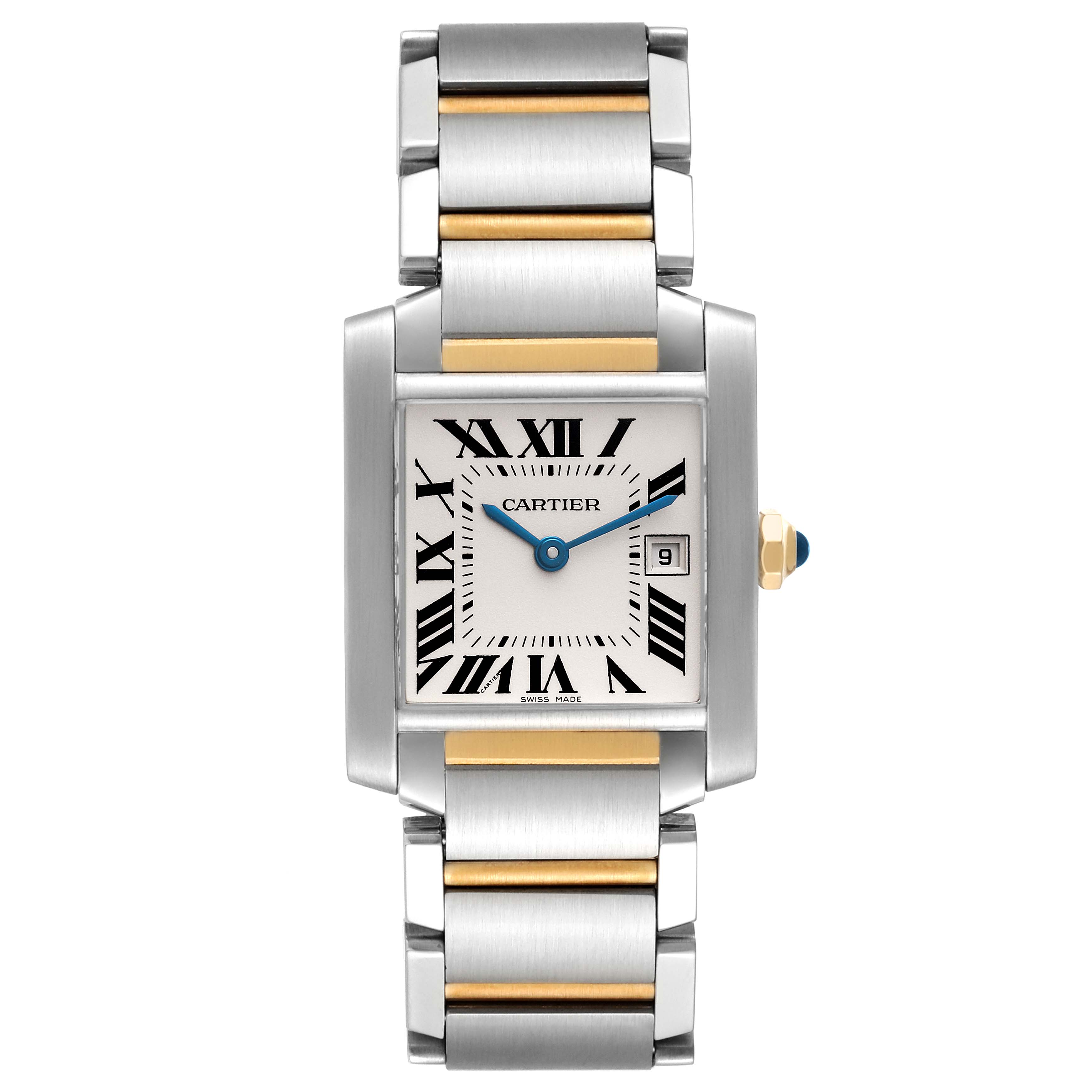 The image shows a Cartier Tank Francaise W51012Q4 Women's Steel and Gold (two tone) Silver Dial W51012Q4 Women's Steel and Gold (two tone) Silver Dial watch from a front angle, displaying its face, bracelet, and crown.
