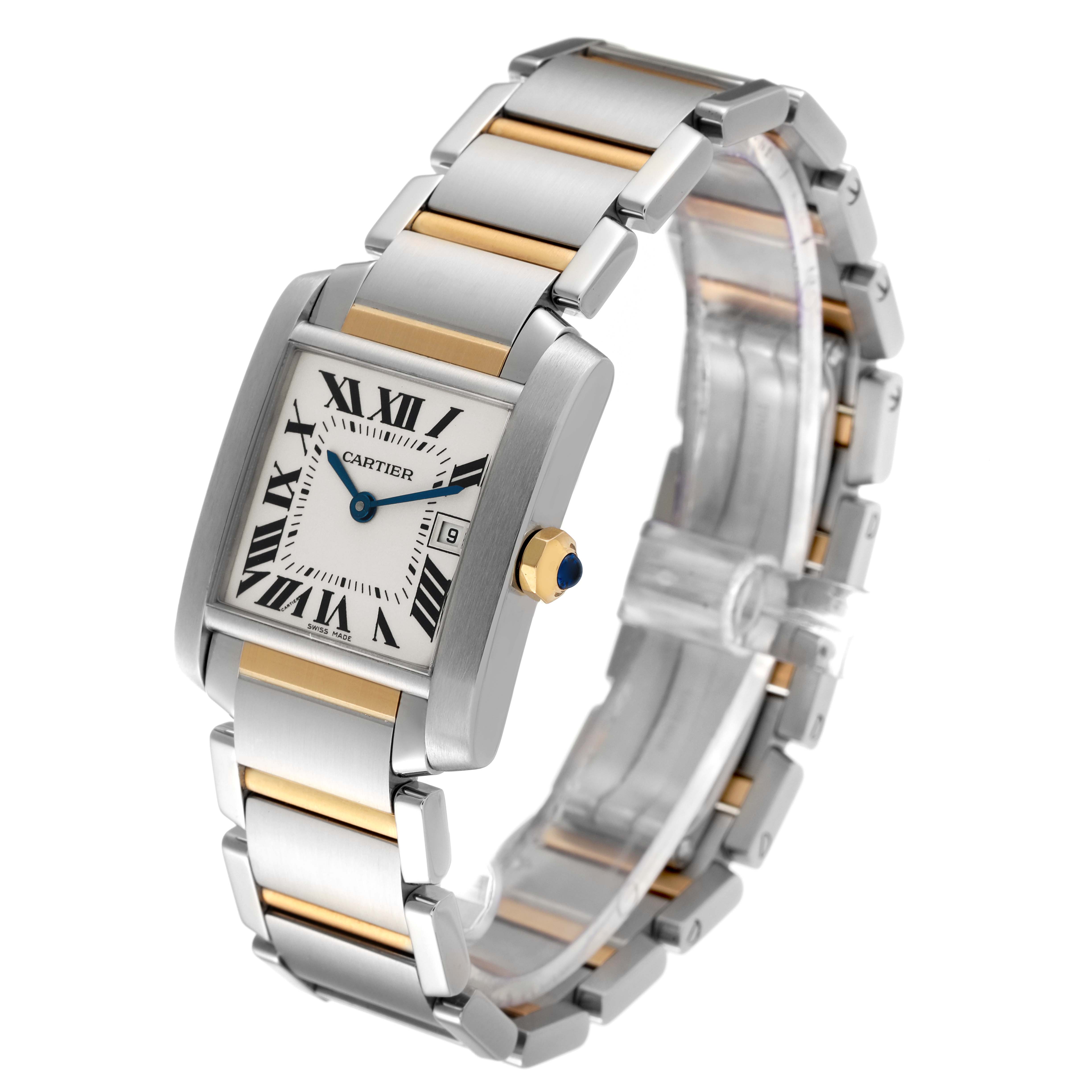 The image shows a Cartier Tank Francaise W51012Q4 Women's Steel and Gold (two tone) Silver Dial W51012Q4 Women's Steel and Gold (two tone) Silver Dial watch angled to display the face, bracelet, and side view.