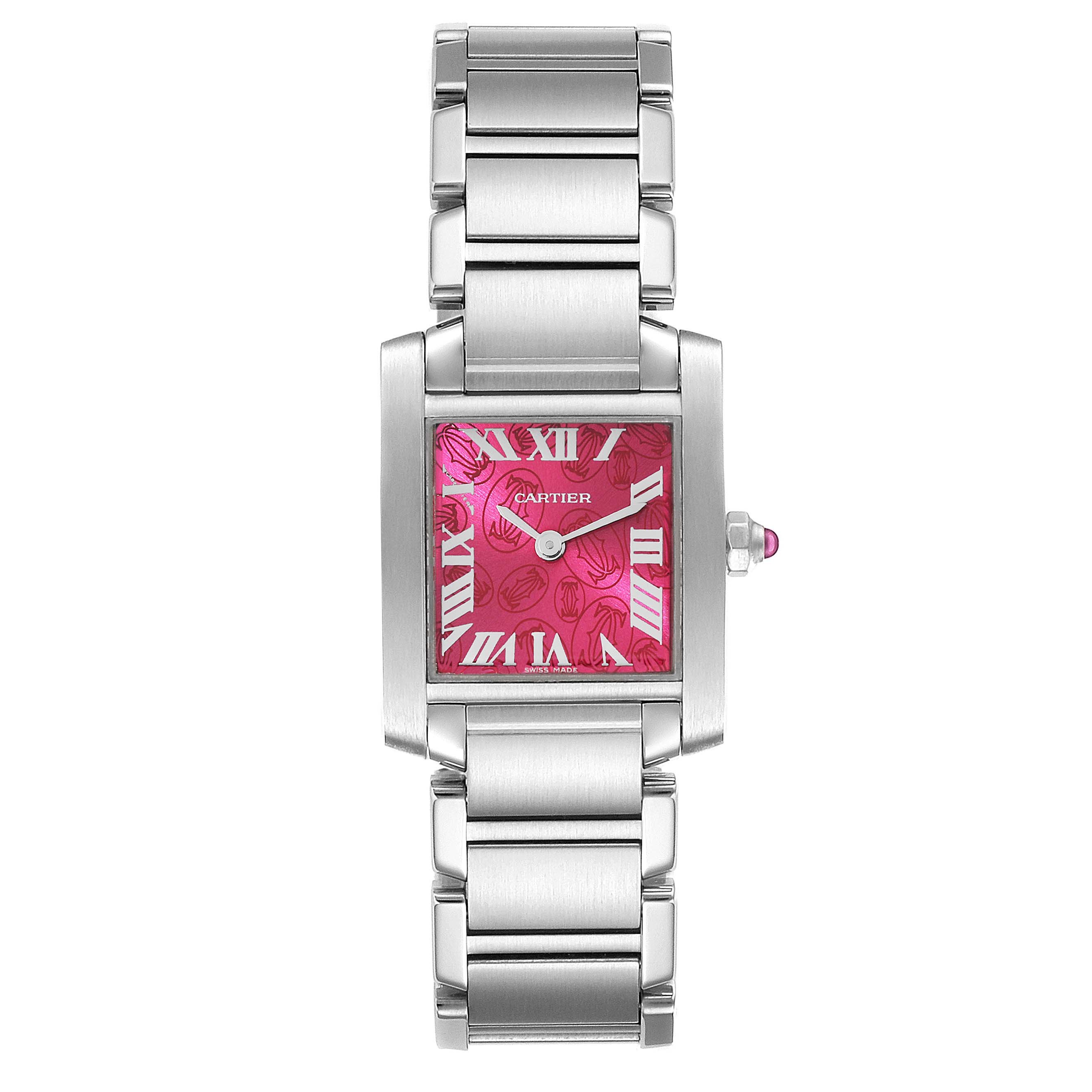 The image shows a full frontal view of the Cartier Tank Française watch, featuring a pink dial and a stainless steel bracelet.