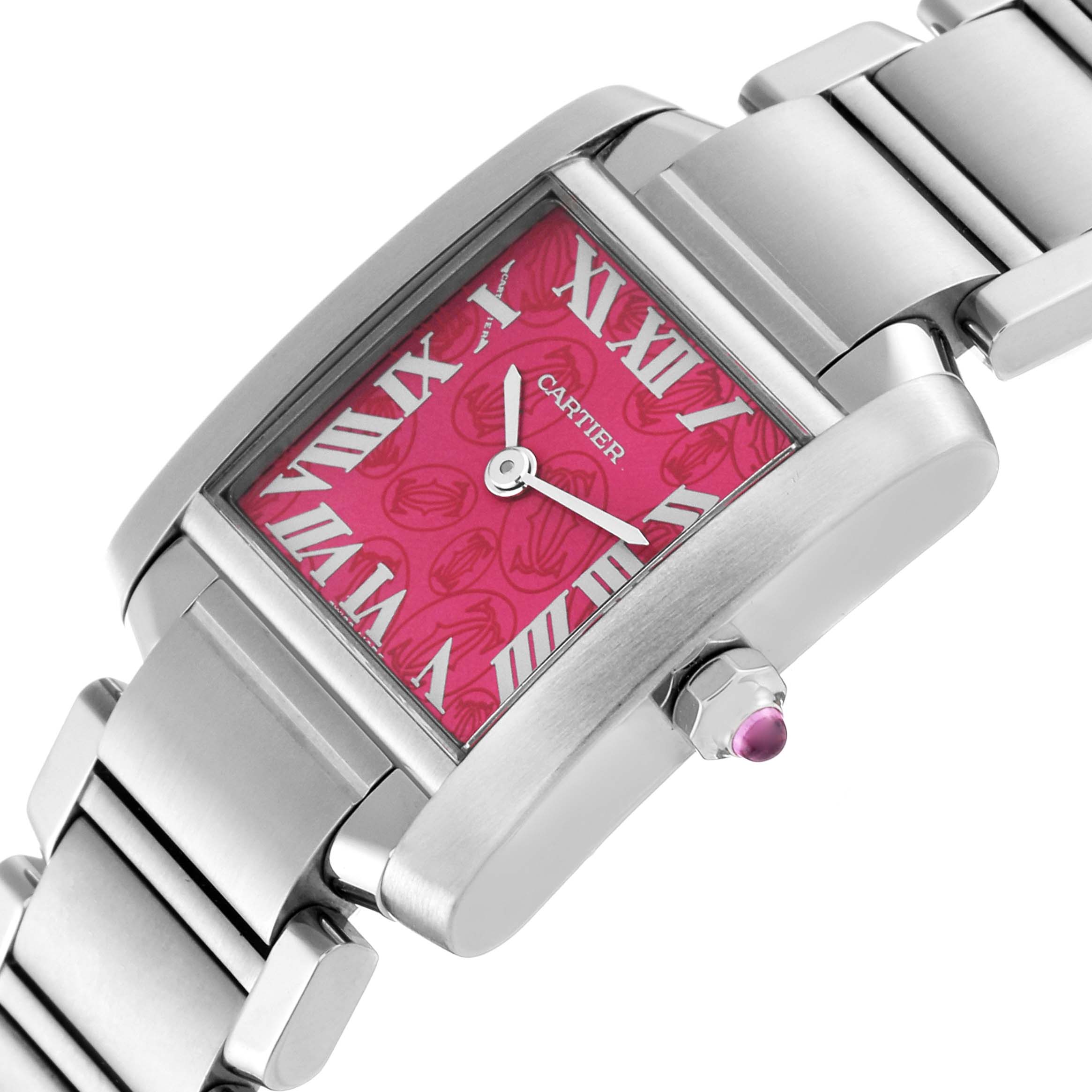 This image shows a close-up angle of the Cartier Tank Francaise W51030Q3 Women's Stainless Steel White Dial W51030Q3 Women's Stainless Steel White Dial watch, highlighting its pink Roman numeral dial and metal bracelet.