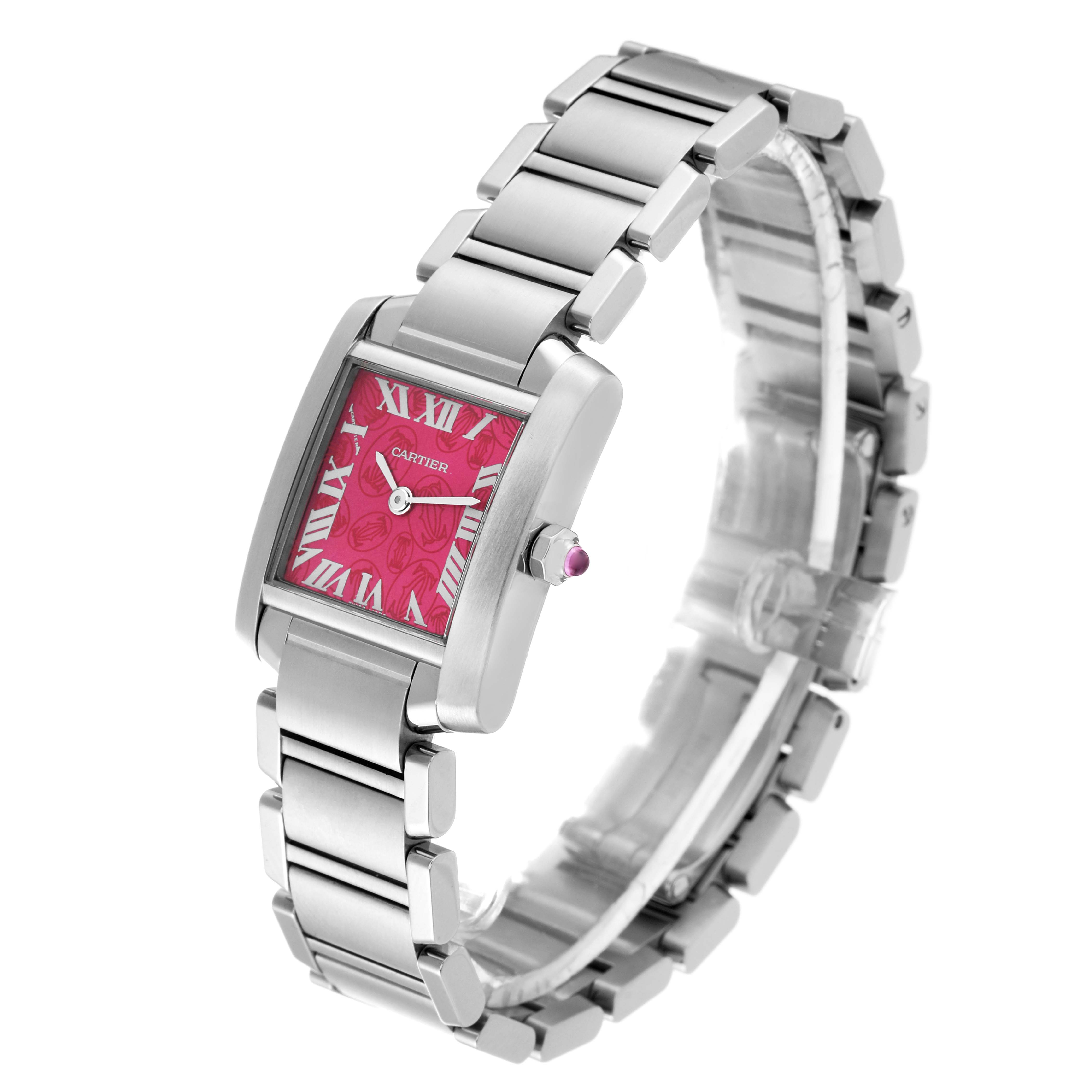 The image shows the Cartier Tank Française watch at a slight angle, highlighting its pink dial, crown, and stainless steel bracelet.