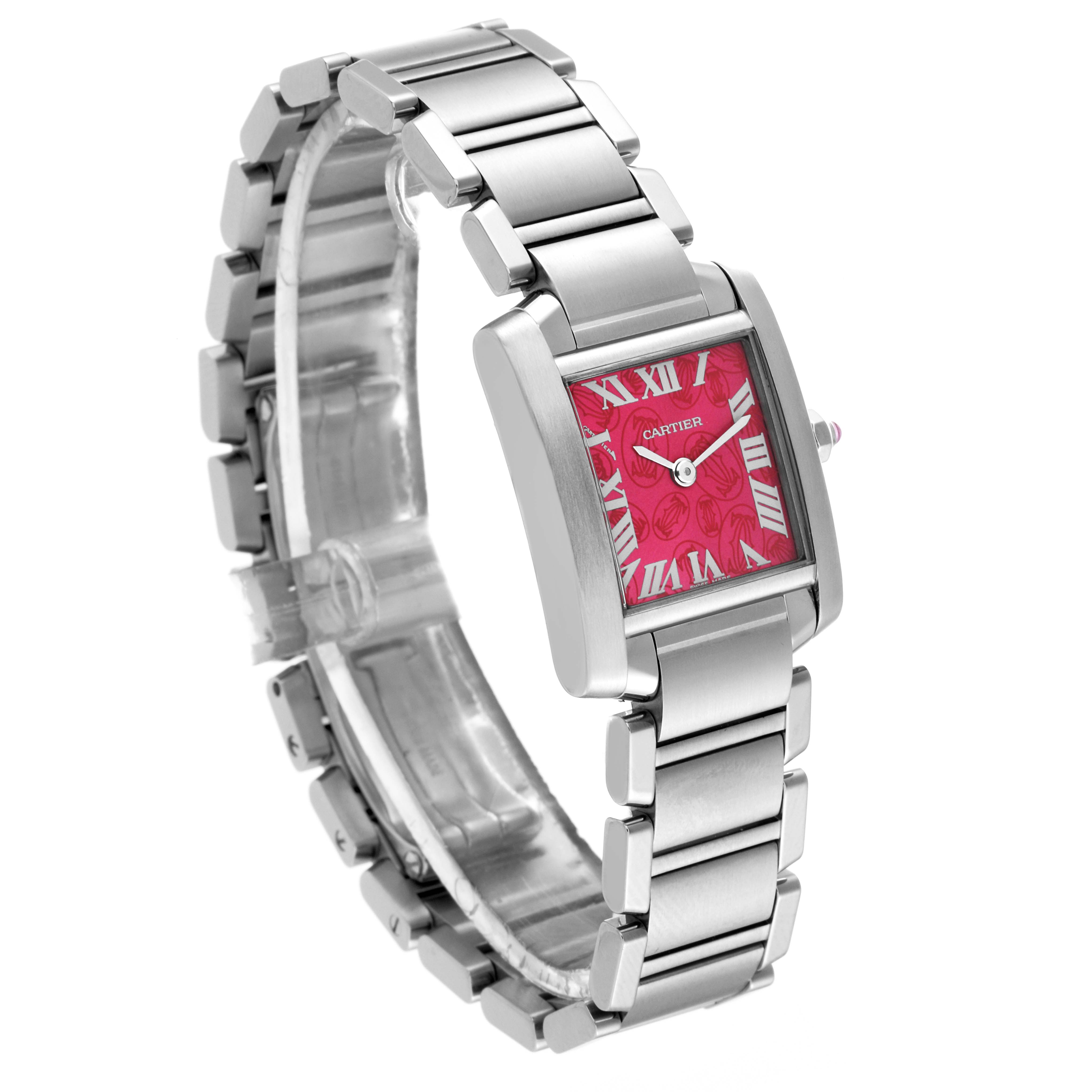 The Cartier Tank Francaise W51030Q3 Women's Stainless Steel White Dial W51030Q3 Women's Stainless Steel White Dial watch is shown at a slight angle, highlighting its rectangular face, pink dial, and stainless steel bracelet.