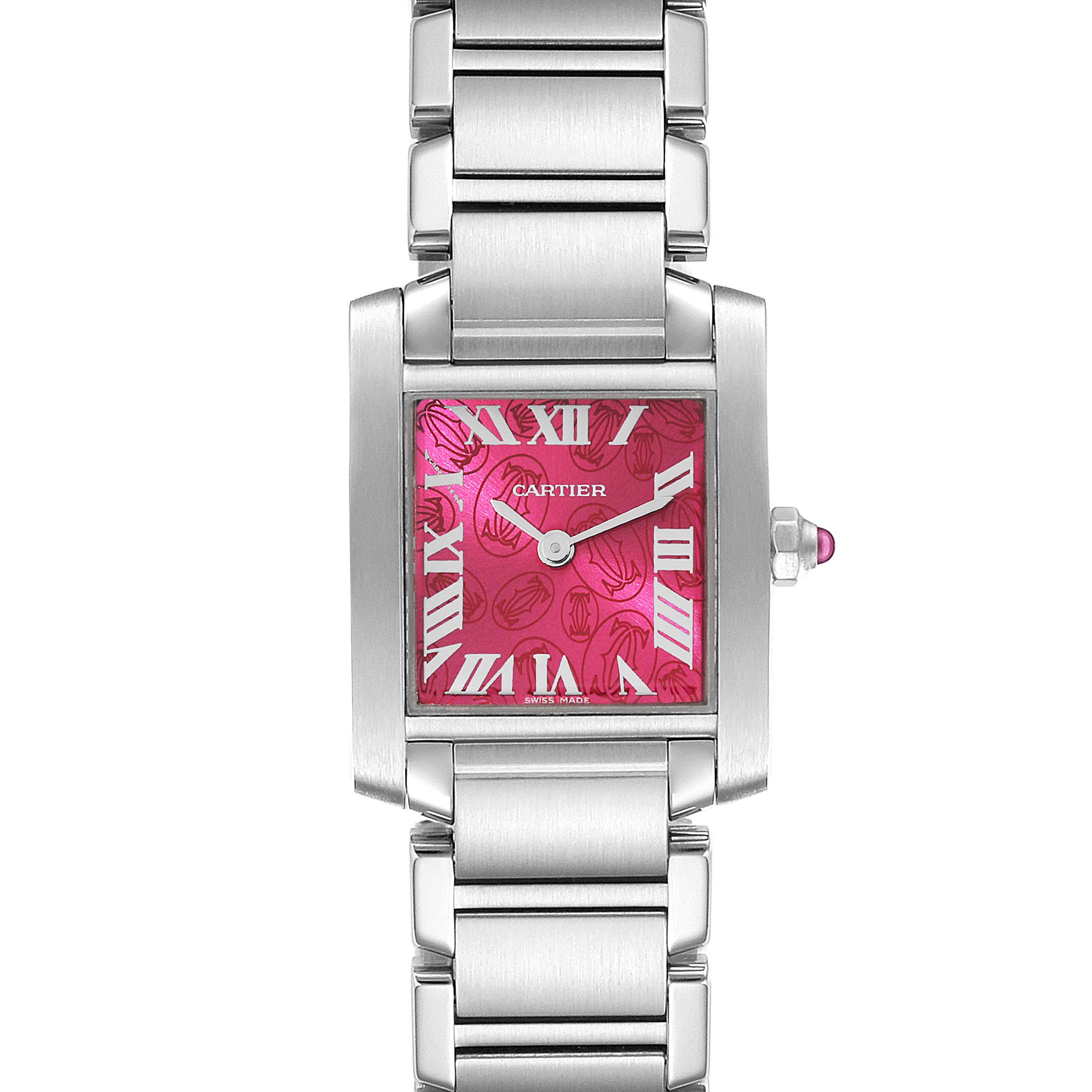 The image shows a front view of the Cartier Tank Francaise W51030Q3 Women's Stainless Steel White Dial W51030Q3 Women's Stainless Steel White Dial watch, displaying its pink dial, case, and part of the bracelet.