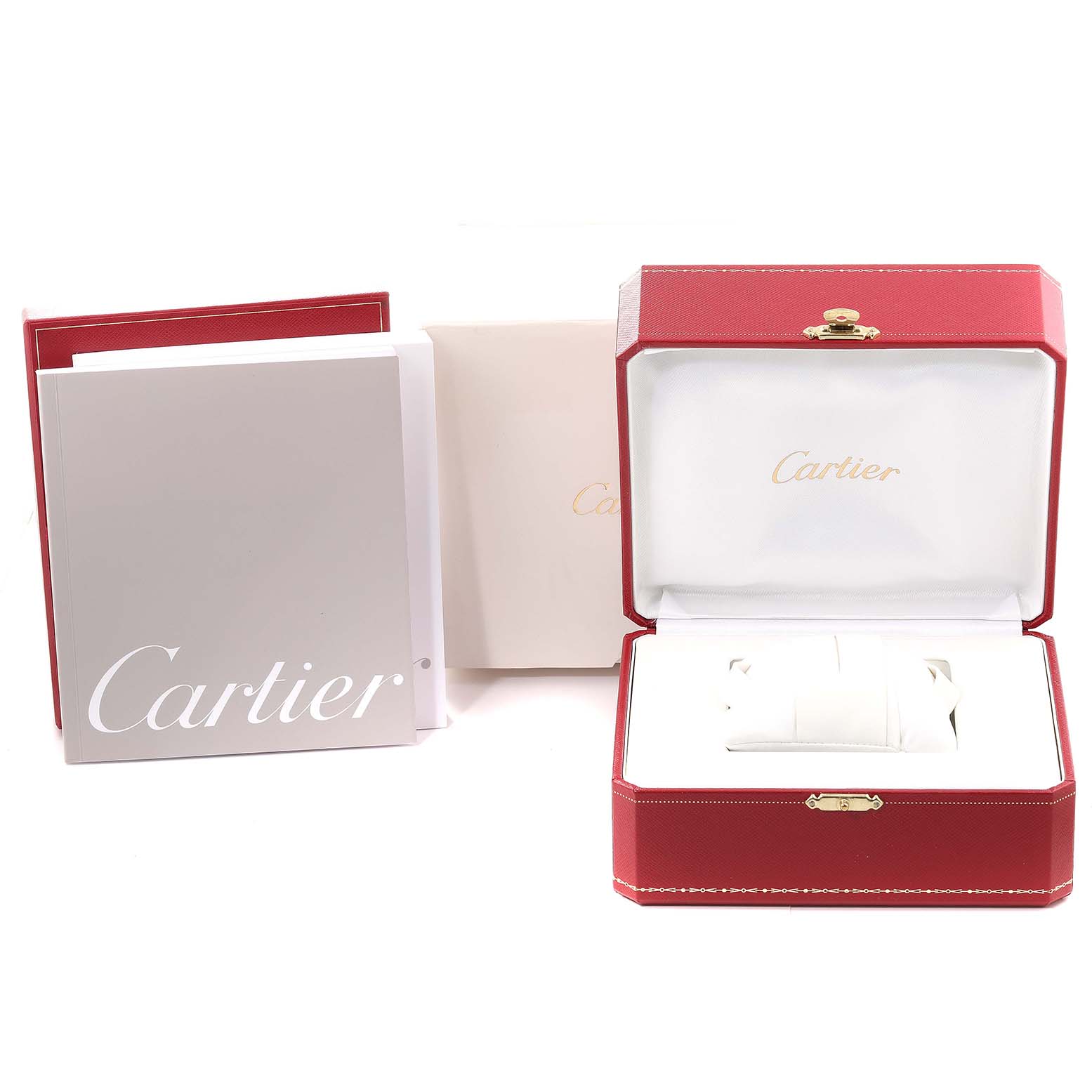 The image shows the packaging and manuals for the Cartier Tank Francaise W51030Q3 Women's Stainless Steel White Dial W51030Q3 Women's Stainless Steel White Dial watch, including the red presentation box and documentation.