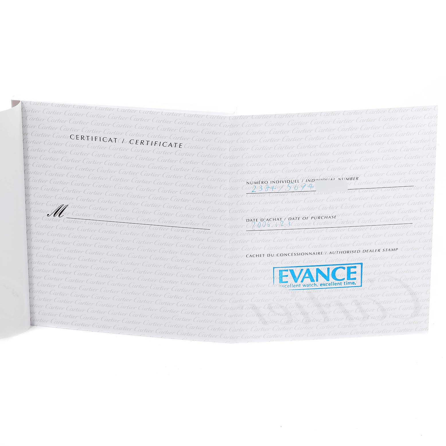 The image shows an open certificate of authenticity for a Tank Francaise model by Cartier.