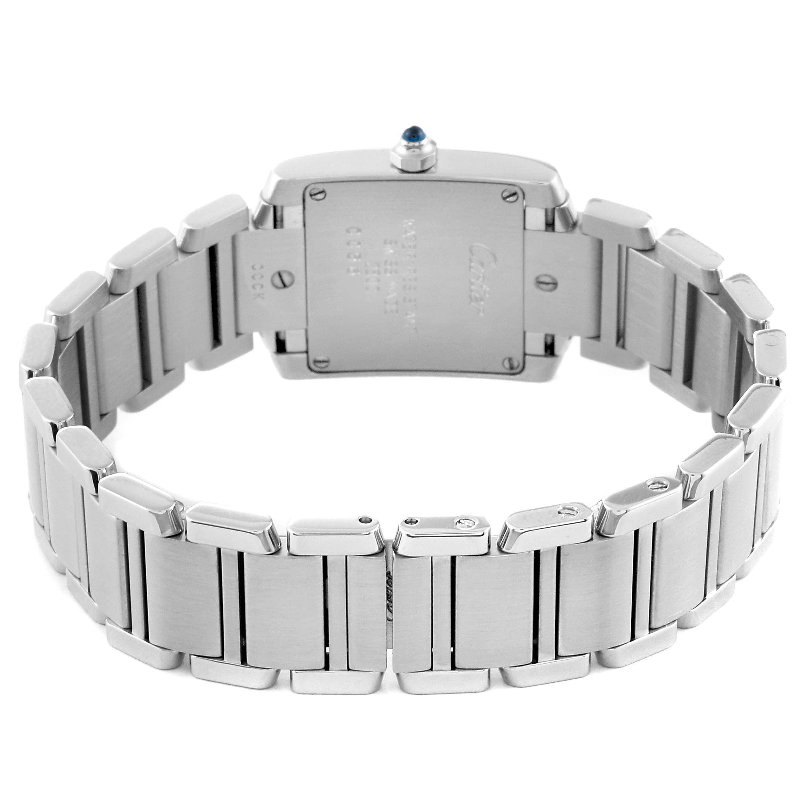 This image shows the back of a Cartier Tank Francaise W51008Q3 Women
s Stainless Steel Silver Dial W51008Q3 Women
s Stainless Steel Silver Dial watch, focusing on the case back and metal bracelet.
