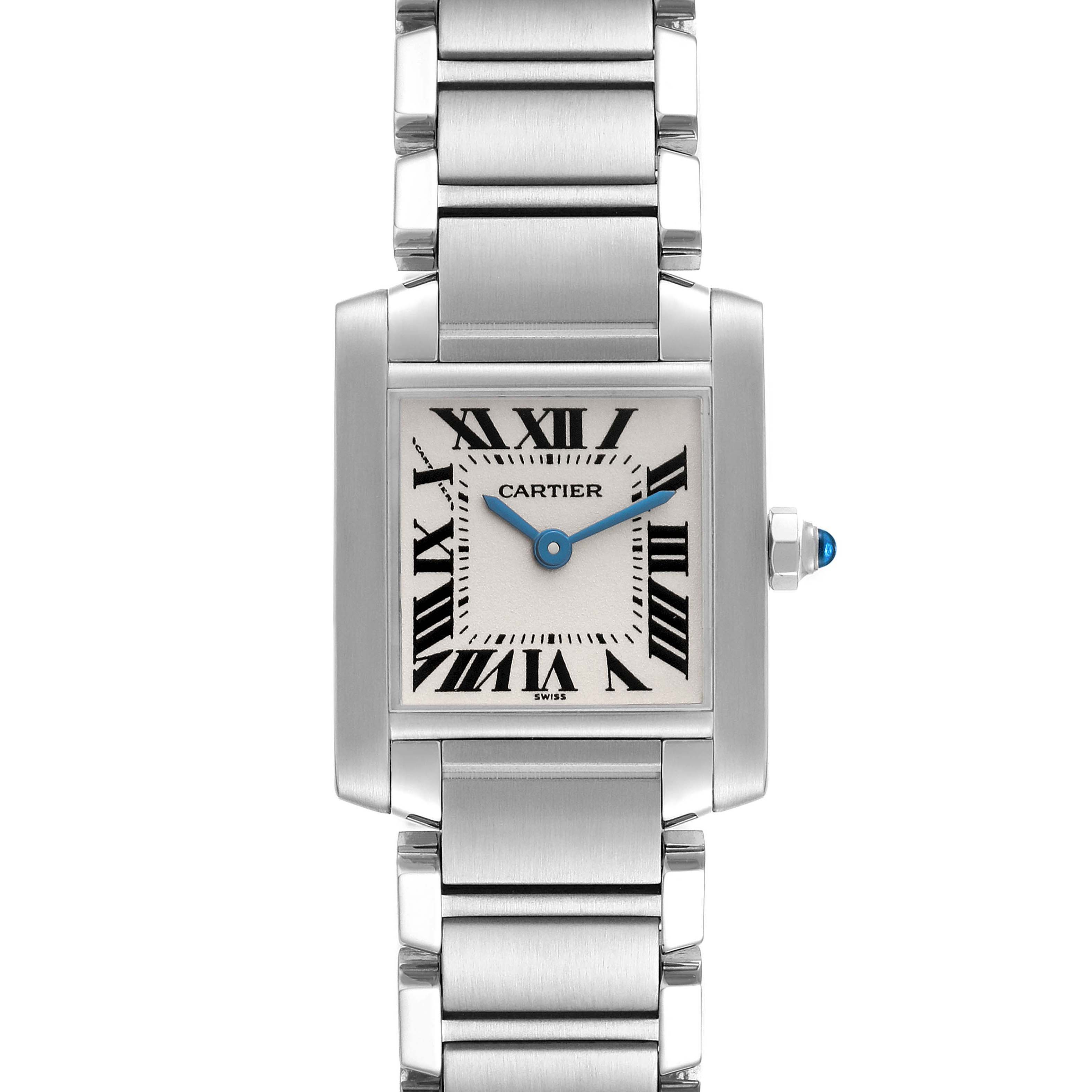 The image shows a front view of the Cartier Tank Francaise W51008Q3 Women
s Stainless Steel Silver Dial W51008Q3 Women
s Stainless Steel Silver Dial watch, highlighting its face, Roman numerals, and metallic bracelet.
