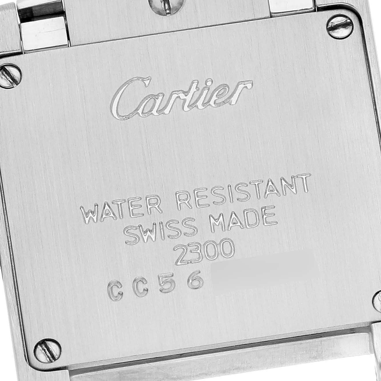 This image shows the back case of a Cartier Tank Francaise W51008Q3 Women
s Stainless Steel Silver Dial W51008Q3 Women
s Stainless Steel Silver Dial watch, highlighting its water resistance and Swiss-made engravings.