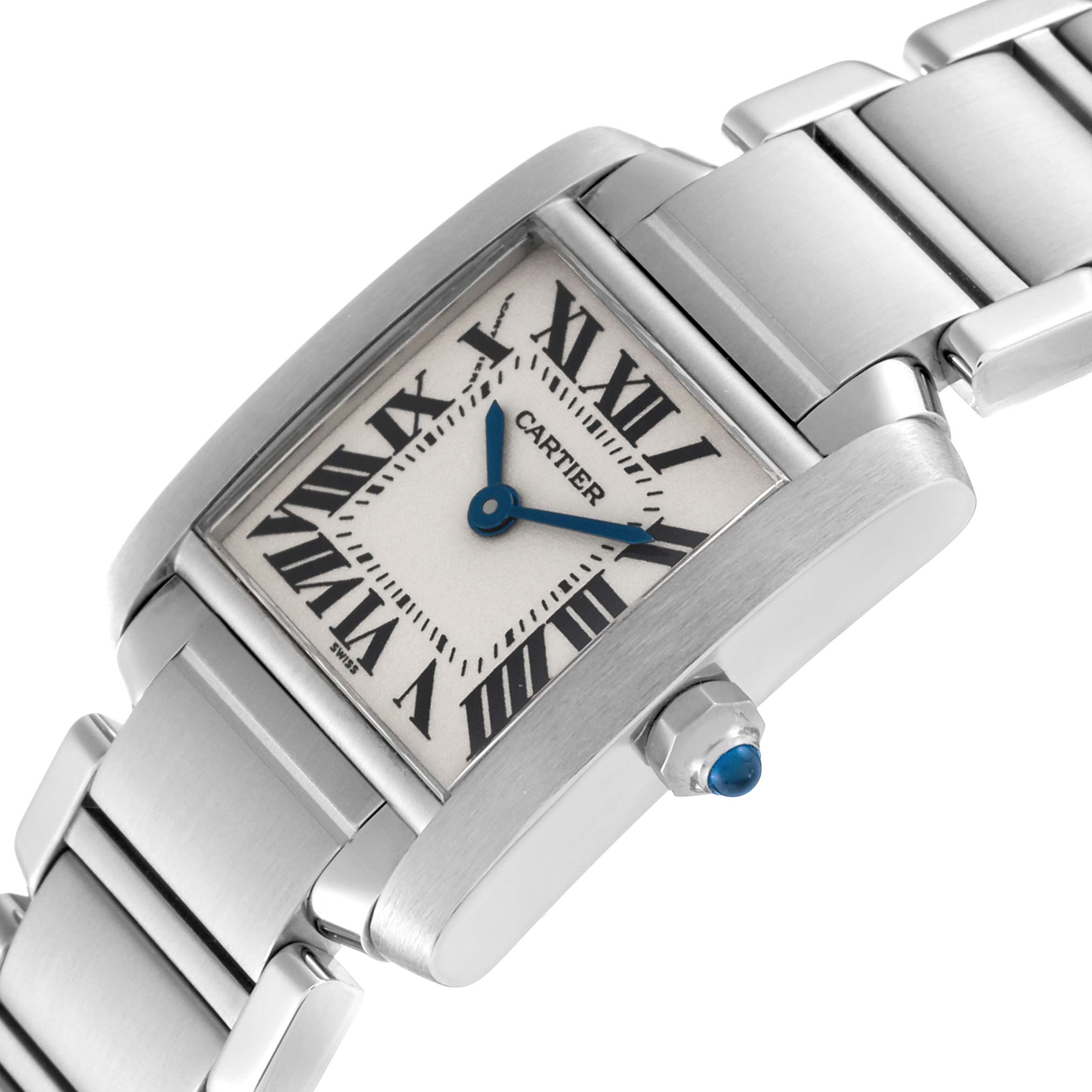 The image shows a close-up, angled view of the Cartier Tank Francaise W51008Q3 Women
s Stainless Steel Silver Dial W51008Q3 Women
s Stainless Steel Silver Dial watch, highlighting its face, bracelet, and crown.