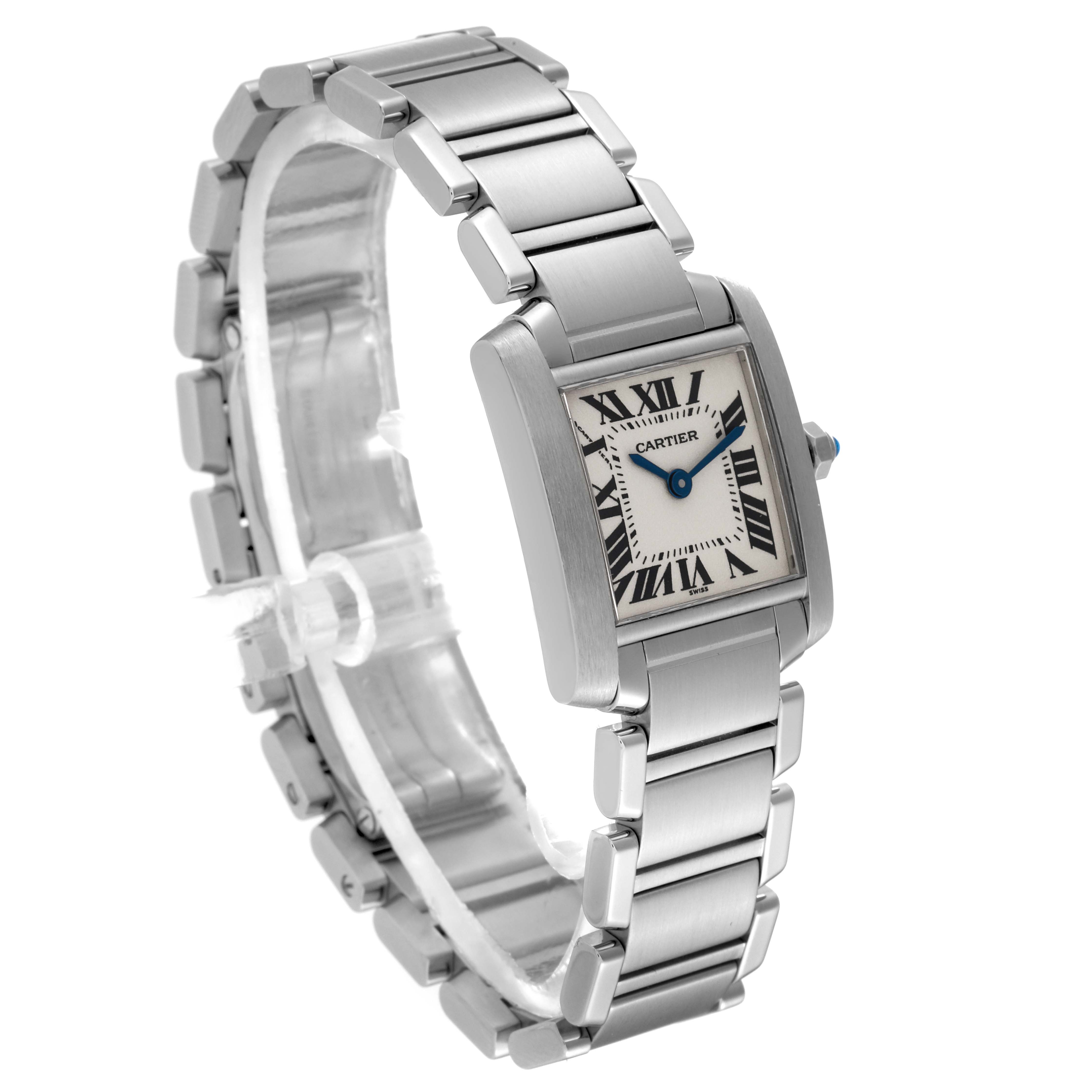 The image shows a Cartier Tank Française watch at a slight front angle highlighting its face and metal bracelet.