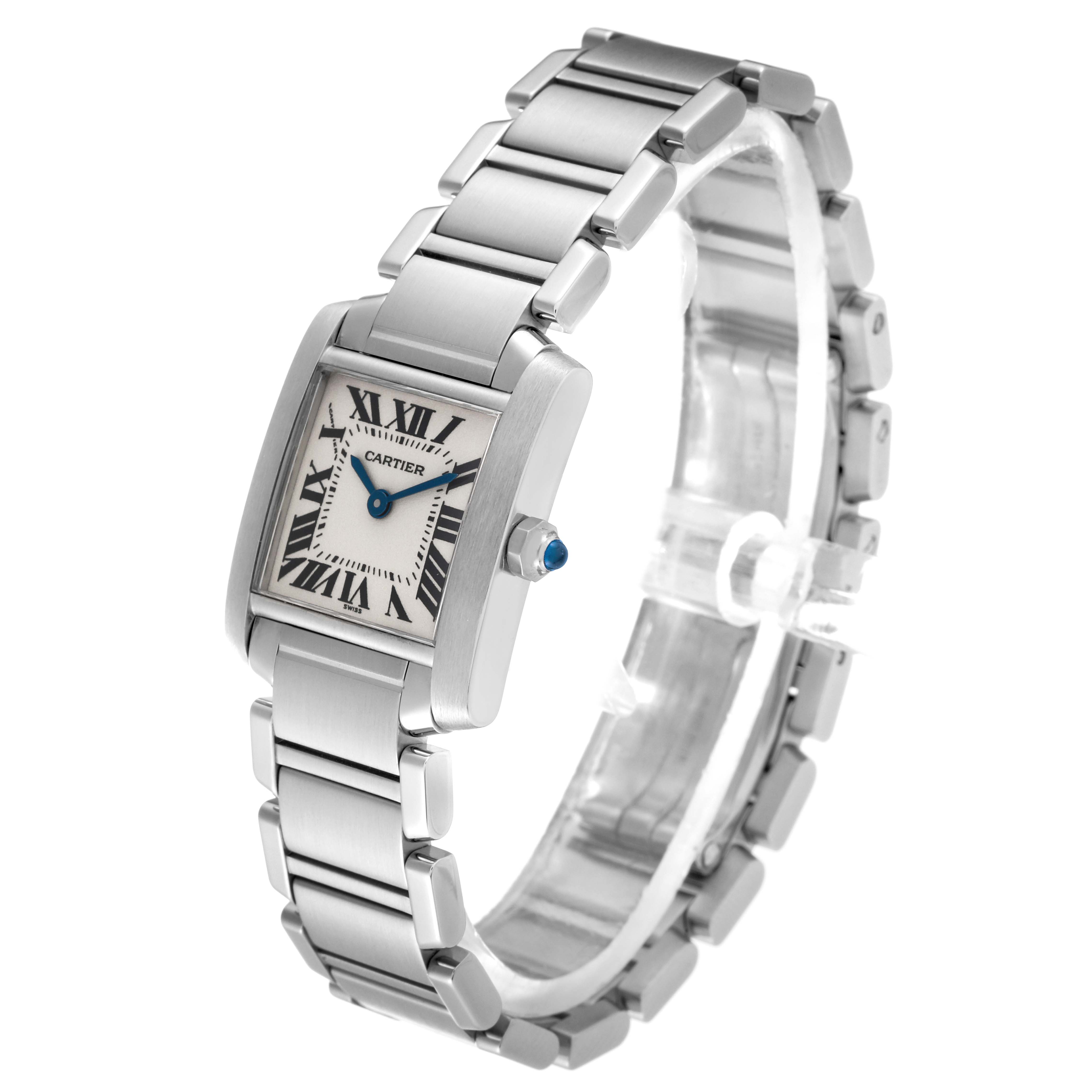 This image shows a Cartier Tank Française watch angled to display the face, case, and metal bracelet.
