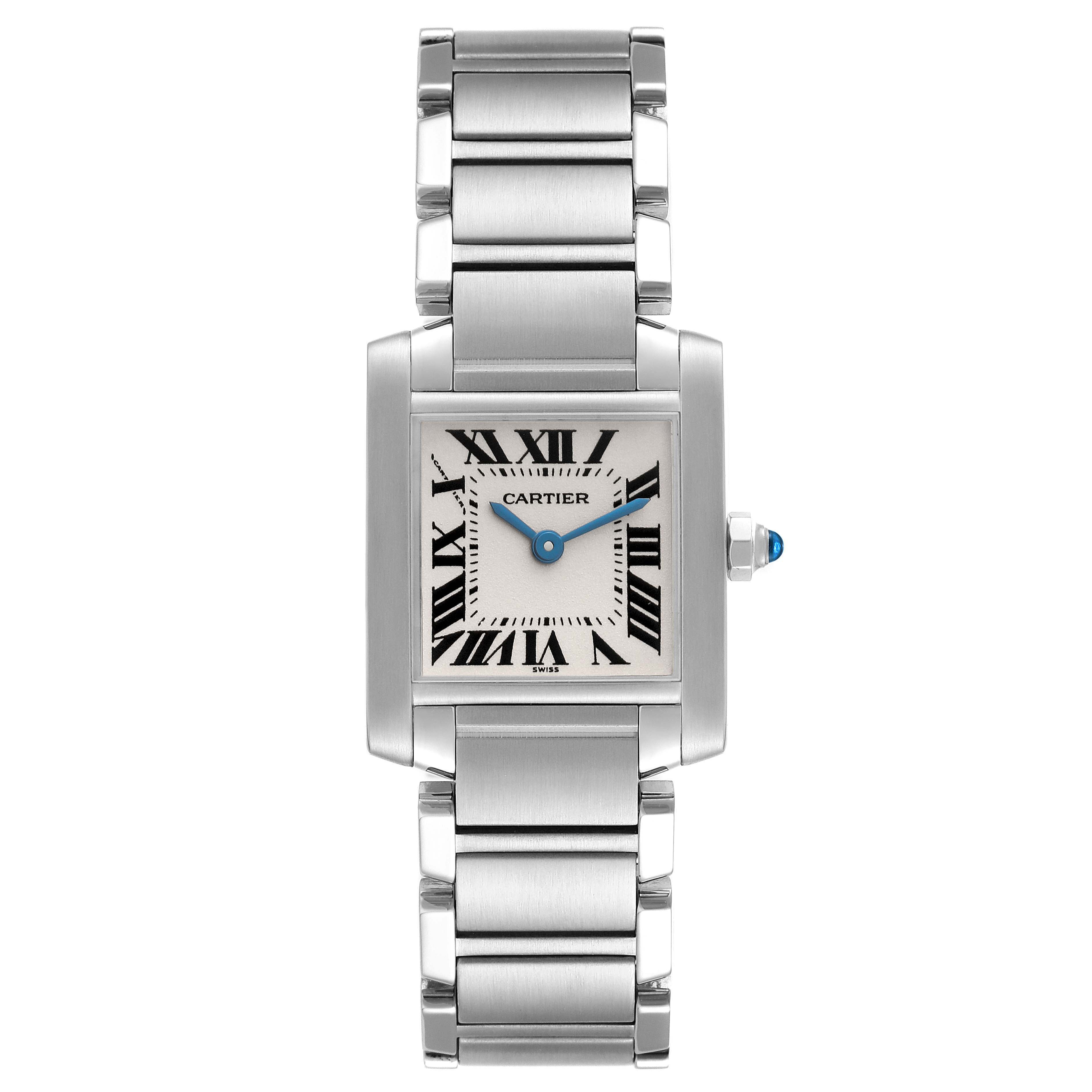 This image shows a front view of a Cartier Tank Francaise W51008Q3 Women
s Stainless Steel Silver Dial W51008Q3 Women
s Stainless Steel Silver Dial watch, highlighting its rectangular face and metal bracelet.
