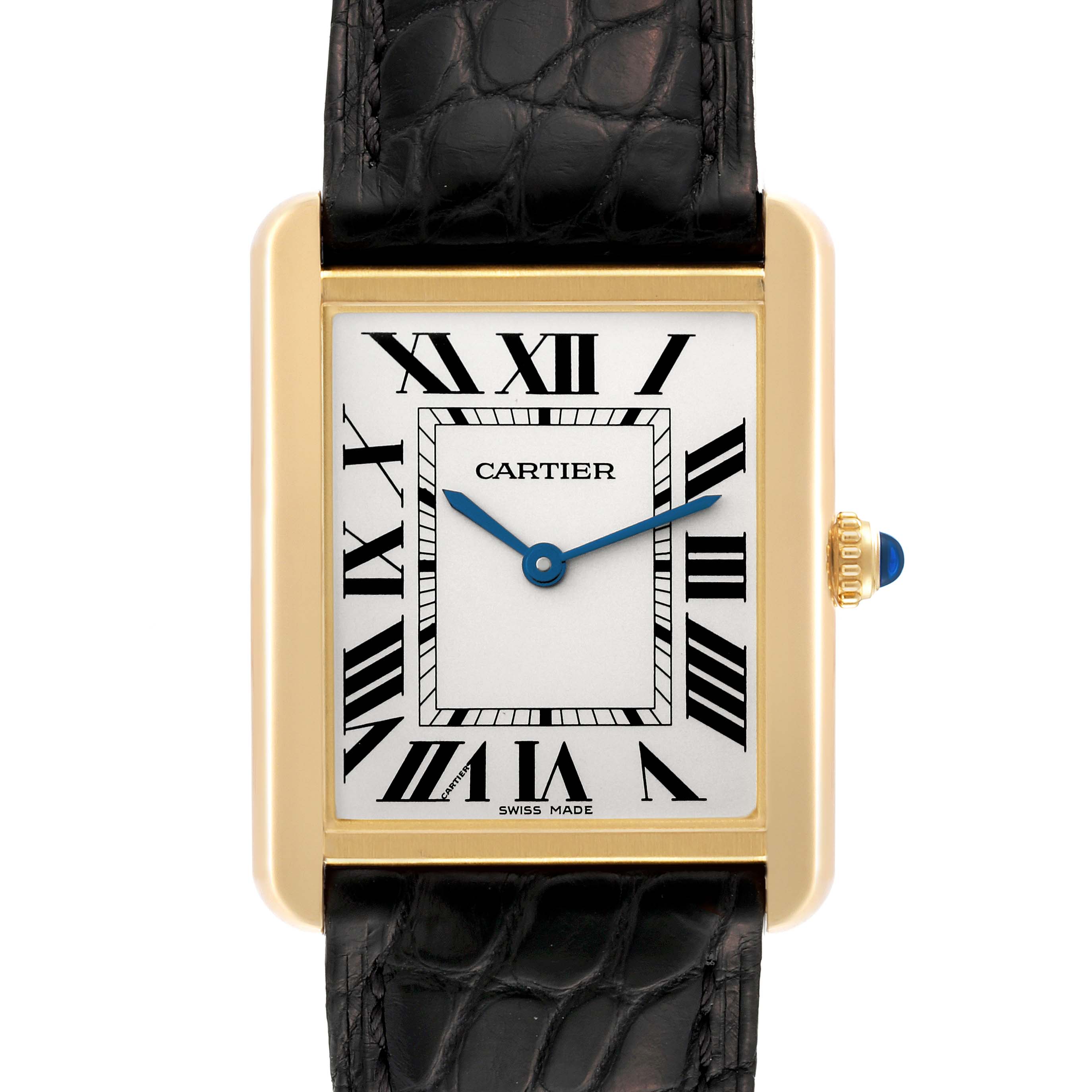 This image shows the front view of a Cartier Tank Solo W5200004 Men
s Steel and Gold (two tone) Silver Dial W5200004 Men
s Steel and Gold (two tone) Silver Dial watch, highlighting its face, Roman numerals, blue hands, and leather strap.