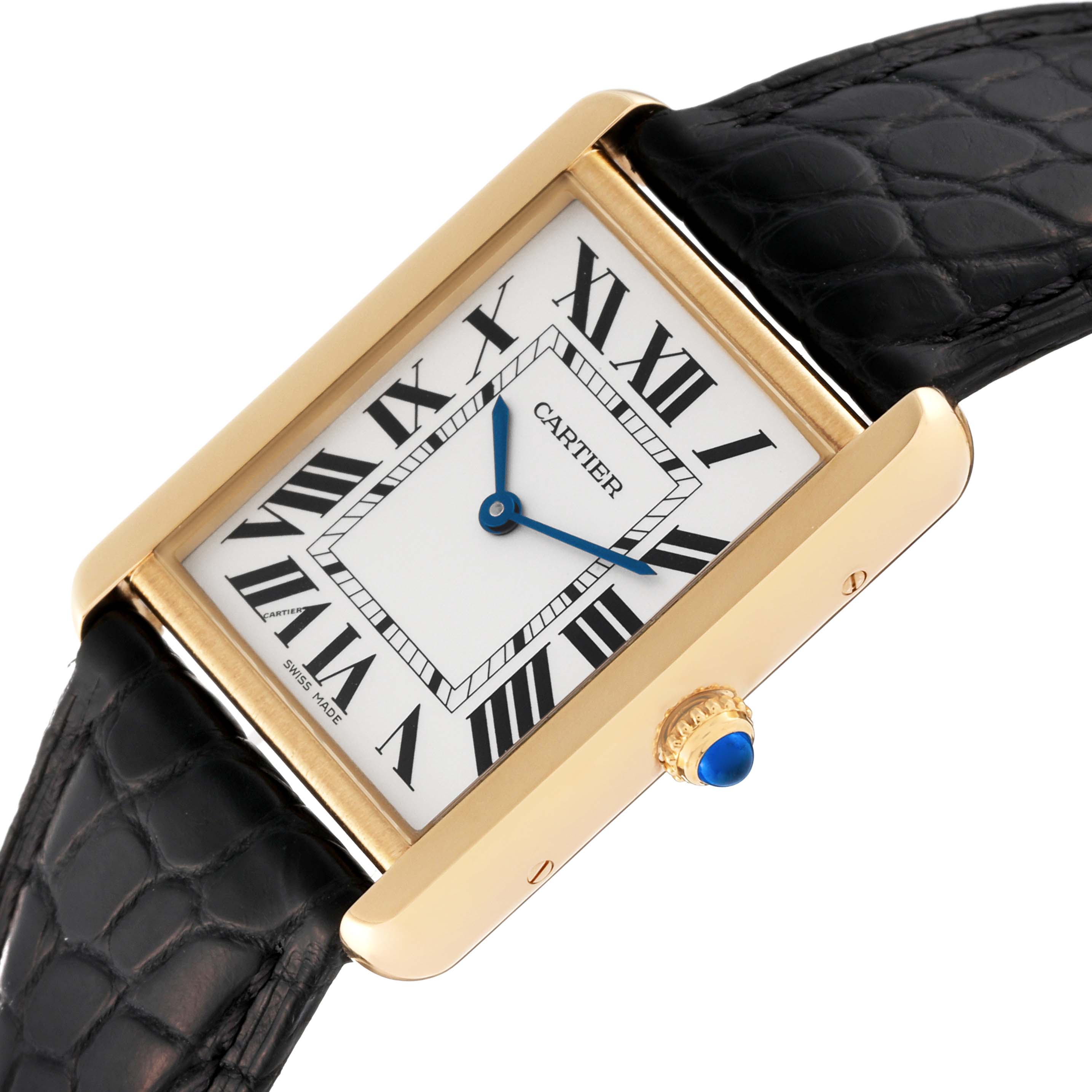 The image shows a Cartier Tank Solo W5200004 Men
s Steel and Gold (two tone) Silver Dial W5200004 Men
s Steel and Gold (two tone) Silver Dial watch from an angle highlighting the face, crown, and strap.