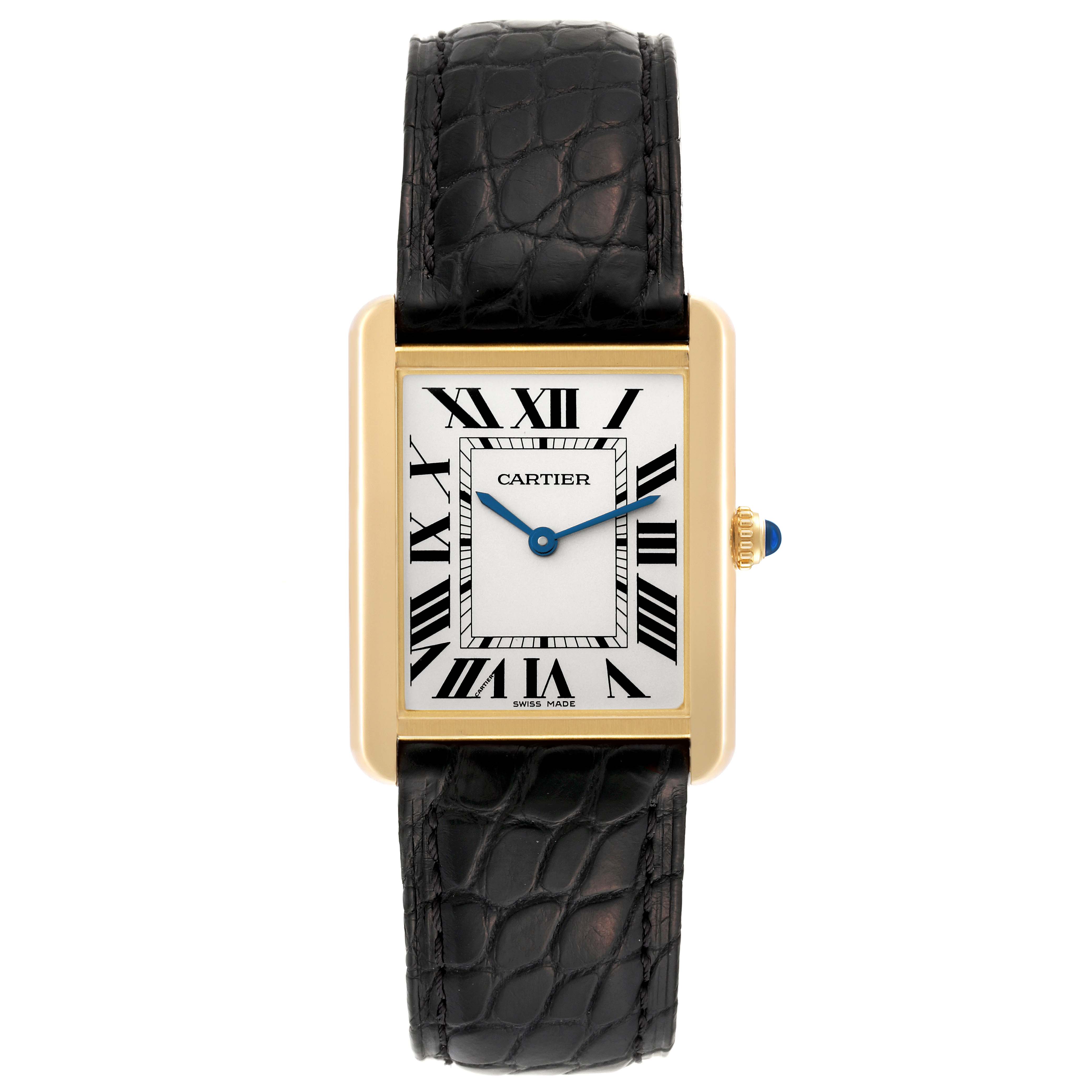 The image shows a front view of a Cartier Tank Solo W5200004 Men
s Steel and Gold (two tone) Silver Dial W5200004 Men
s Steel and Gold (two tone) Silver Dial watch with a rectangular dial, roman numerals, and a black leather strap.