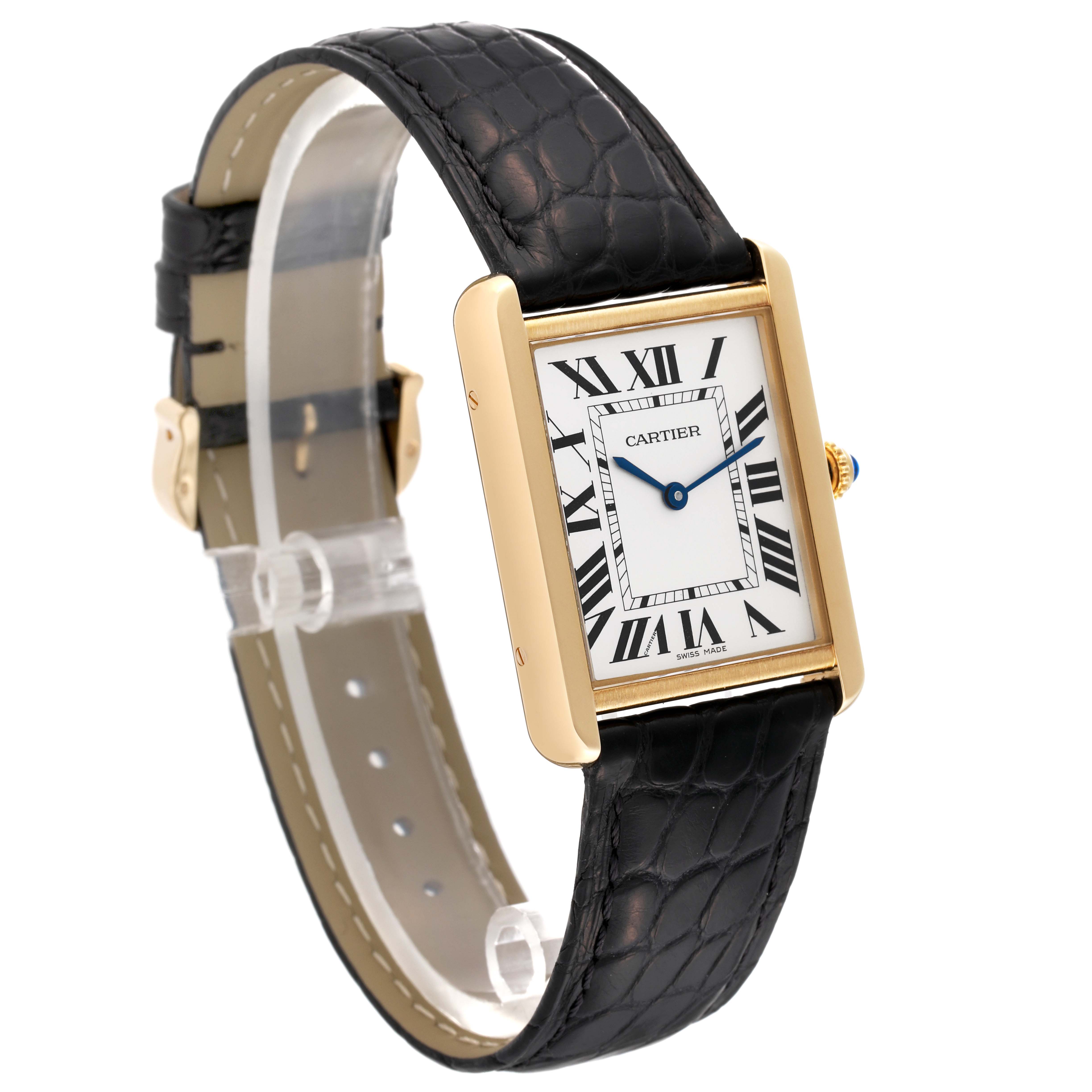 The image shows the Cartier Tank Solo W5200004 Men
s Steel and Gold (two tone) Silver Dial W5200004 Men
s Steel and Gold (two tone) Silver Dial watch at an angle displaying its face, gold case, black leather strap, and side crown.