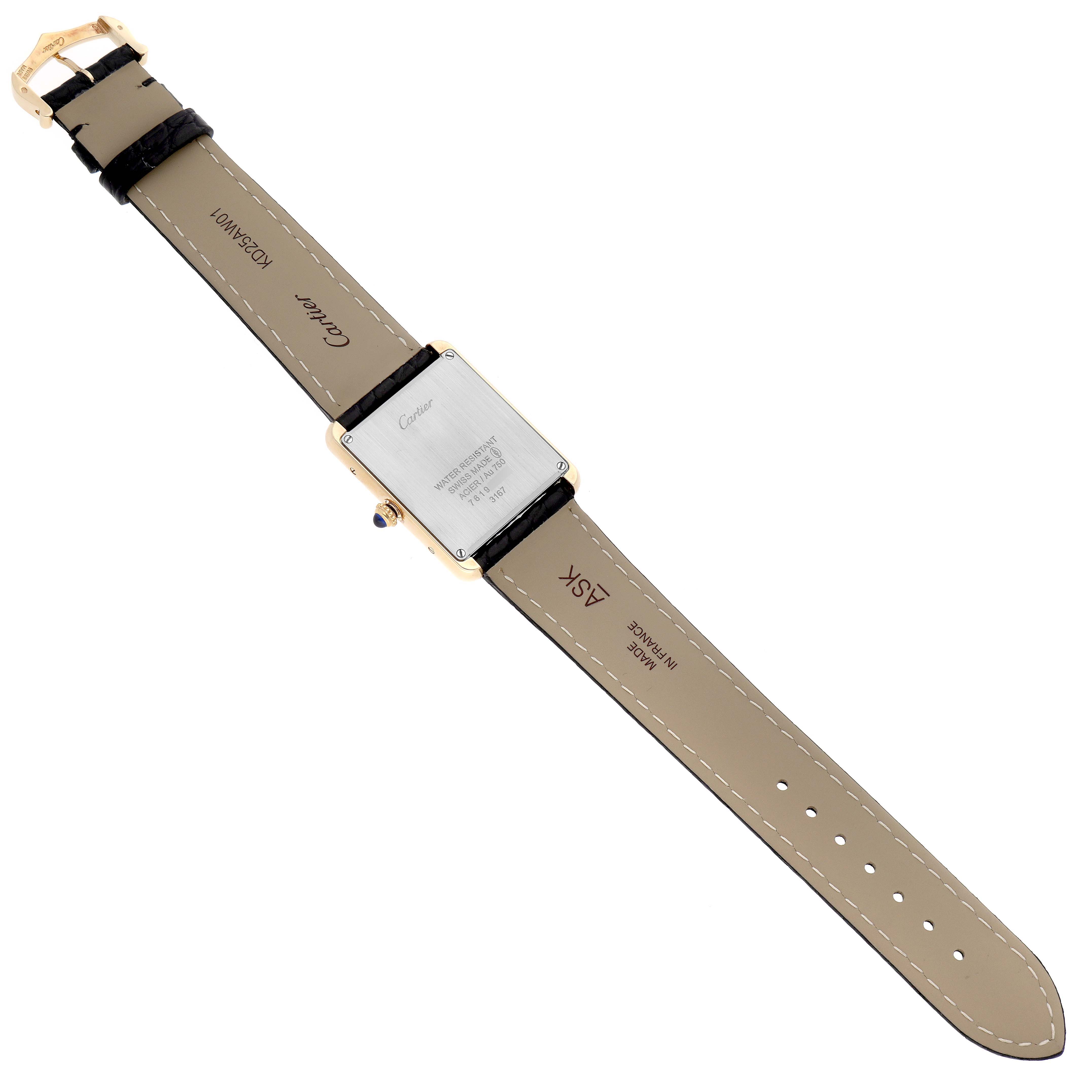 The Cartier Tank Solo W5200004 Men
s Steel and Gold (two tone) Silver Dial W5200004 Men
s Steel and Gold (two tone) Silver Dial watch is shown from the back, displaying the back cover, leather straps, and buckle.