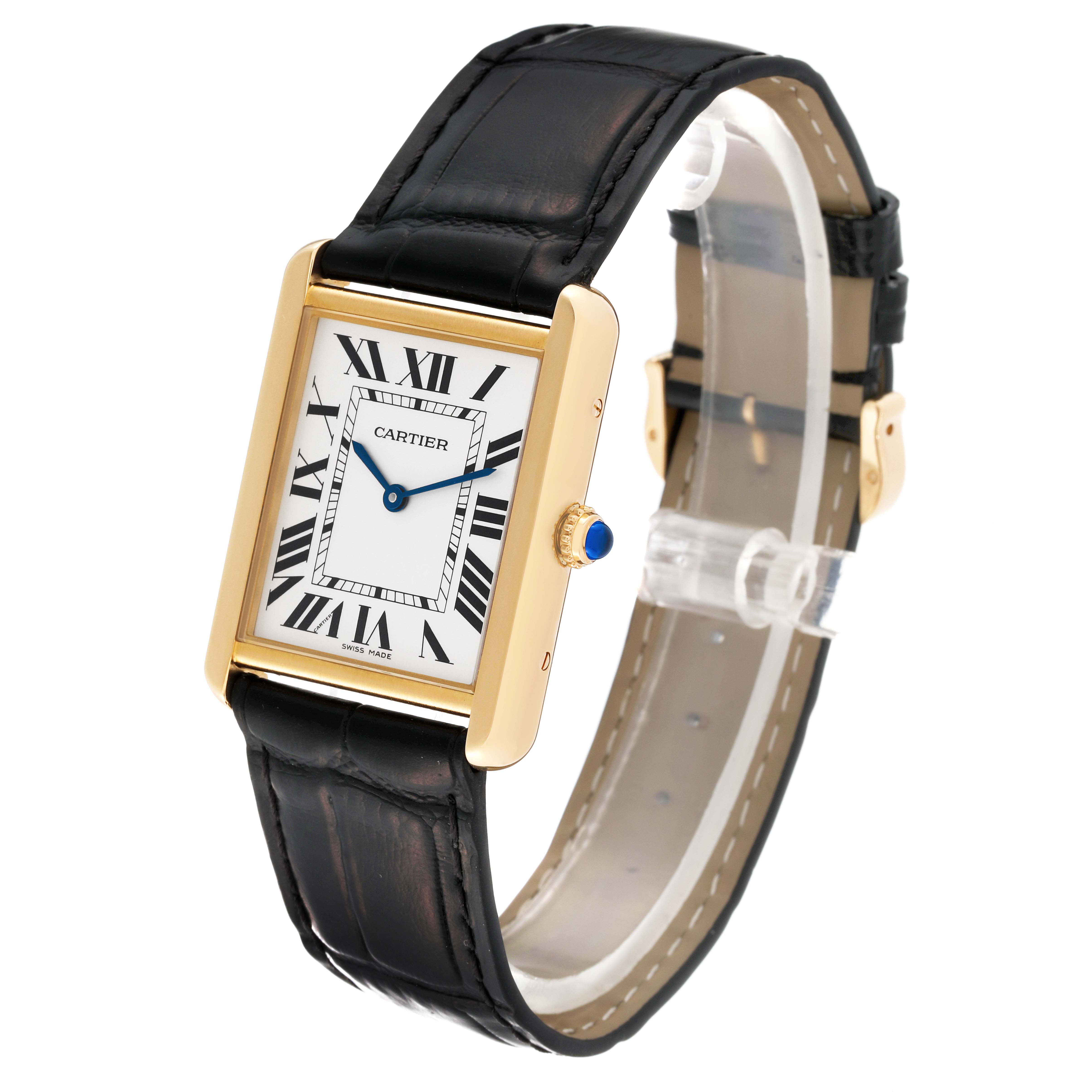 The Cartier Tank Solo W5200004 Men's Steel and Gold (two tone) Silver Dial W5200004 Men's Steel and Gold (two tone) Silver Dial watch is shown at a tilted angle, displaying the face, straps, and part of the clasp.