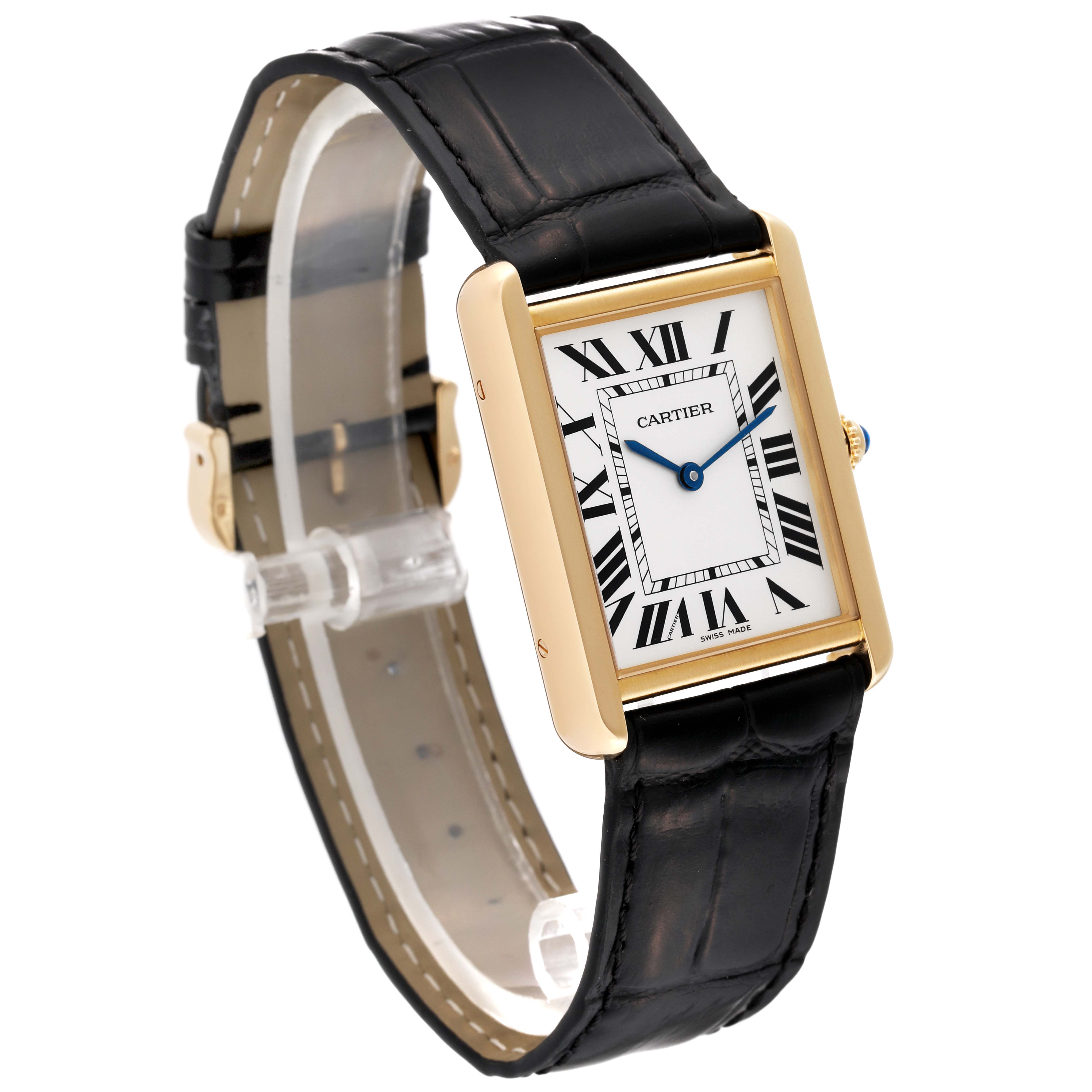 The Cartier Tank Solo W5200004 Men's Steel and Gold (two tone) Silver Dial W5200004 Men's Steel and Gold (two tone) Silver Dial watch is shown at a slight side angle, featuring its rectangular face, Roman numerals, and black leather strap.