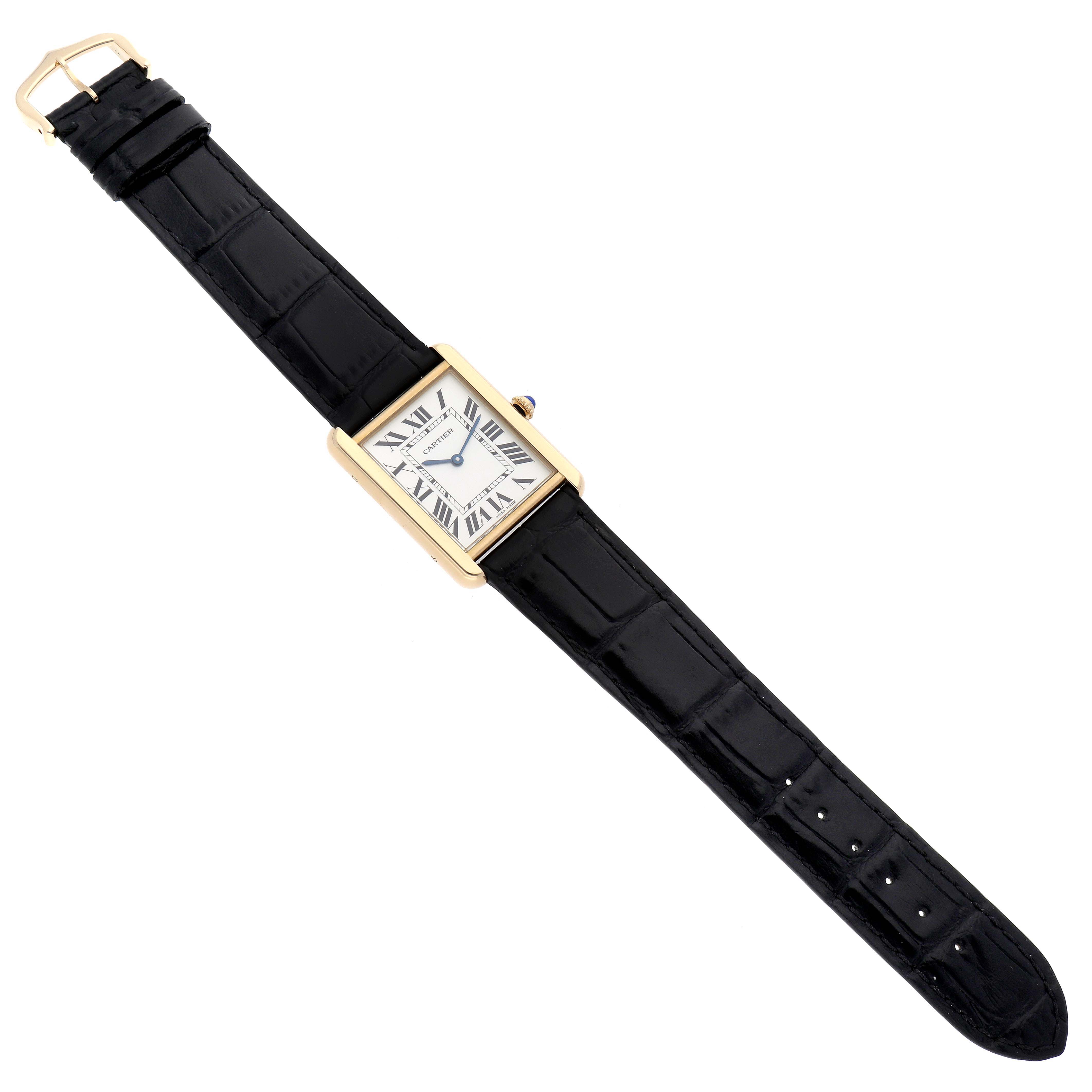 The image shows a Cartier Tank Solo W5200004 Men's Steel and Gold (two tone) Silver Dial W5200004 Men's Steel and Gold (two tone) Silver Dial watch with a black leather strap, displayed at an overhead angle.