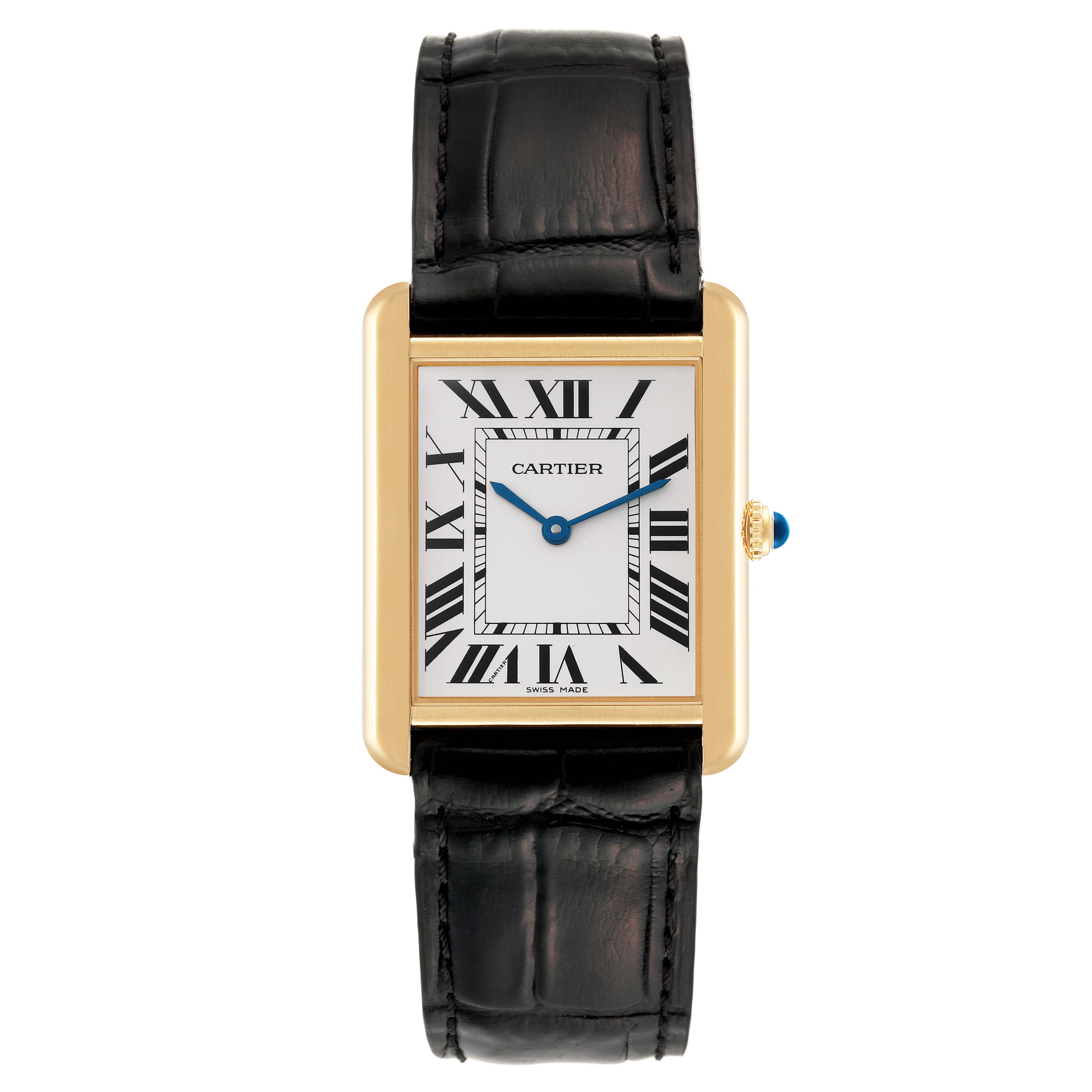 This image shows a front view of a Cartier Tank Solo W5200004 Men's Steel and Gold (two tone) Silver Dial W5200004 Men's Steel and Gold (two tone) Silver Dial watch, displaying its face, black leather strap, and gold case.
