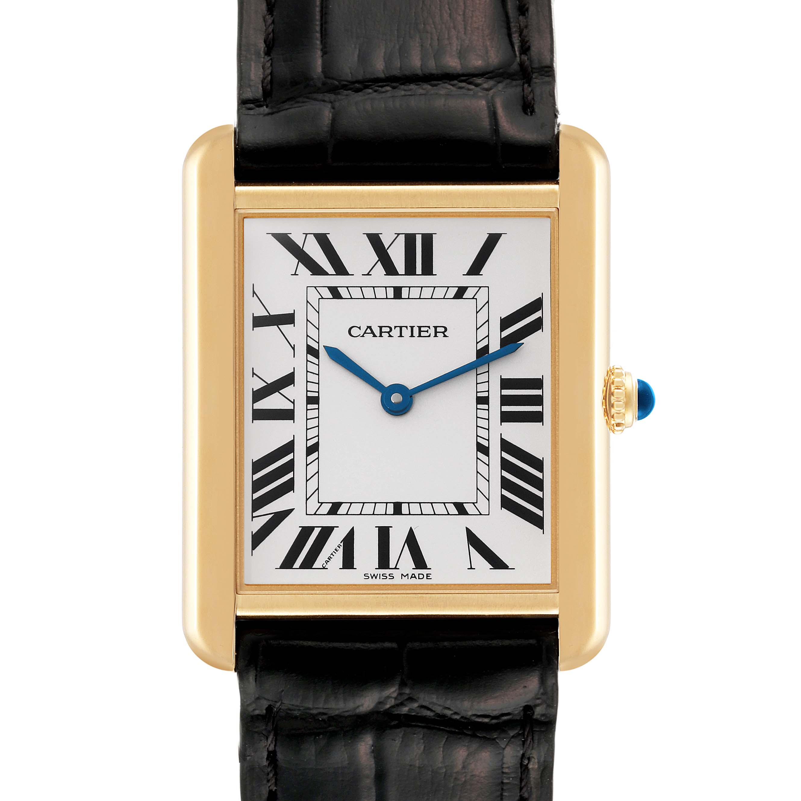 The image shows a front view of the Cartier Tank Solo W5200004 Men's Steel and Gold (two tone) Silver Dial W5200004 Men's Steel and Gold (two tone) Silver Dial watch, highlighting its rectangular face, Roman numerals, and black leather strap.