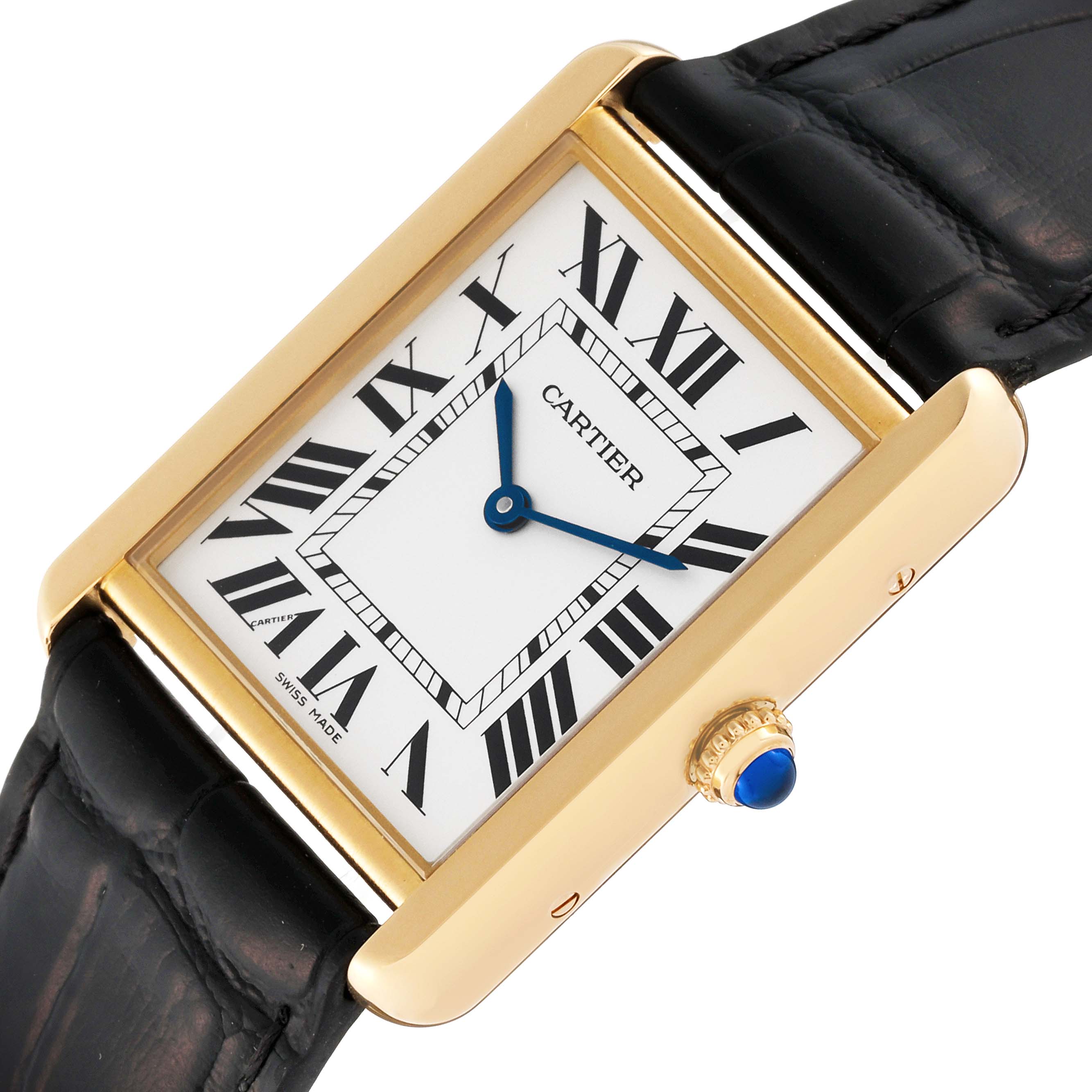 The Cartier Tank Solo W5200004 Men's Steel and Gold (two tone) Silver Dial W5200004 Men's Steel and Gold (two tone) Silver Dial watch is shown from a side angle, highlighting its rectangular face, Roman numeral dial, black strap, and crown with a blue cabochon.