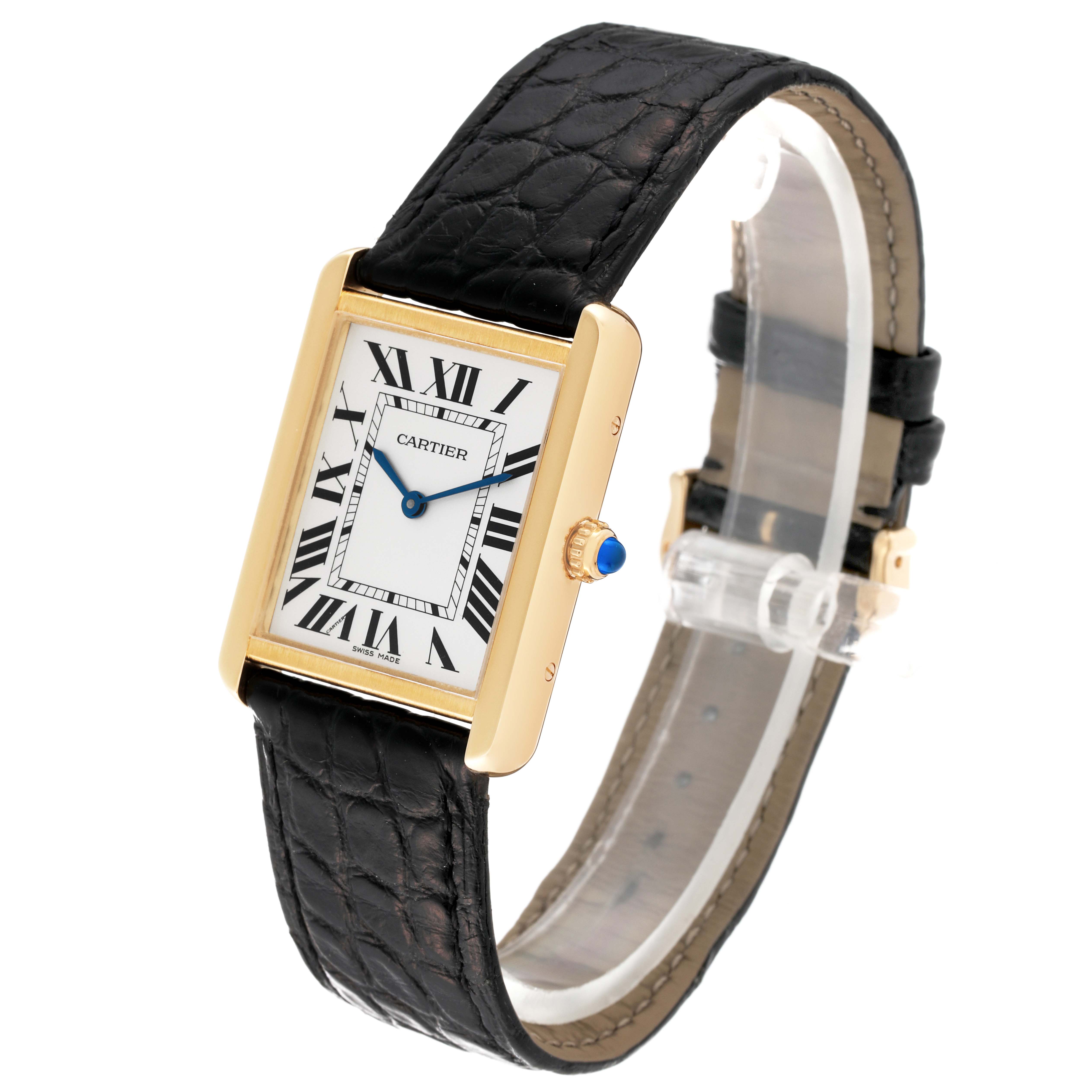 This image shows a Cartier Tank Solo W5200004 Men's Steel and Gold (two tone) Silver Dial W5200004 Men's Steel and Gold (two tone) Silver Dial watch from an angled view, highlighting the face, strap, and crown.