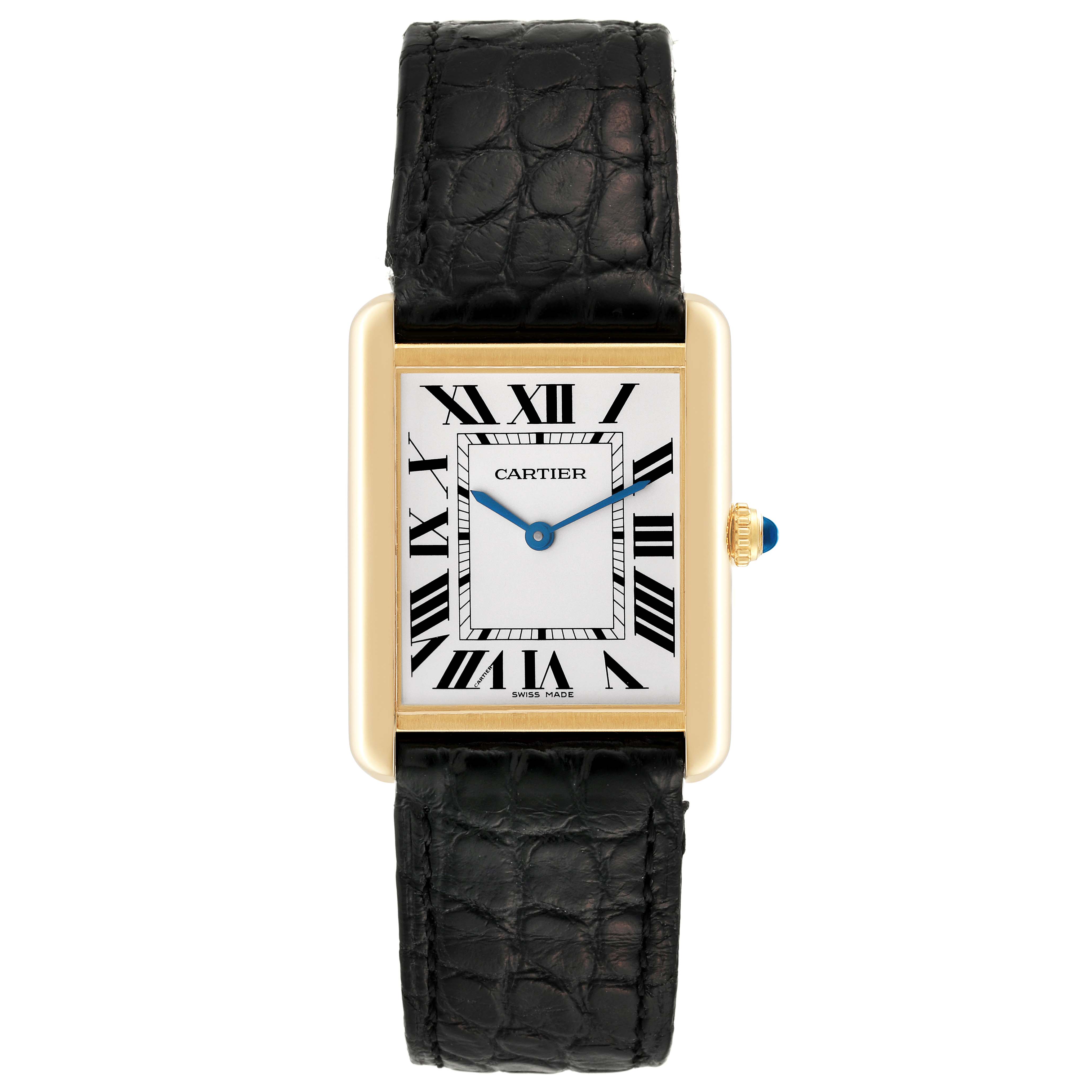 The image shows a front view of the Cartier Tank Solo W5200004 Men's Steel and Gold (two tone) Silver Dial W5200004 Men's Steel and Gold (two tone) Silver Dial watch, displaying its face, Roman numeral dial, black leather strap, and gold casing.